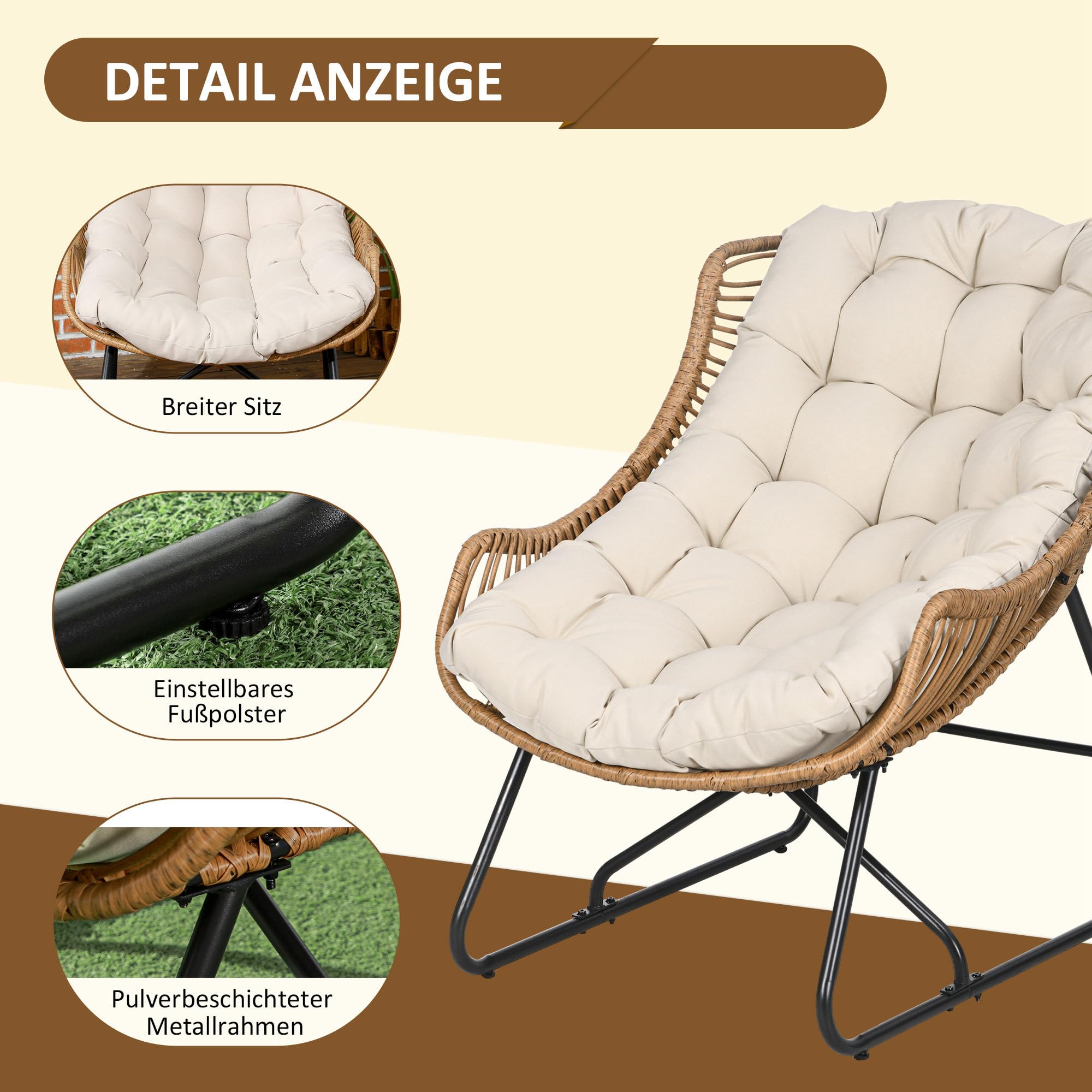 Outsunny Rattansessel mit Dicke Kissen Bänder Stahlrahmen, gepolsterter Outdoor Sessel aus Polyrattan, Korbsessel bis 120kg, Gartensessel Gartenstühle für Garten Balkon Veranda Terrasse Khaki
