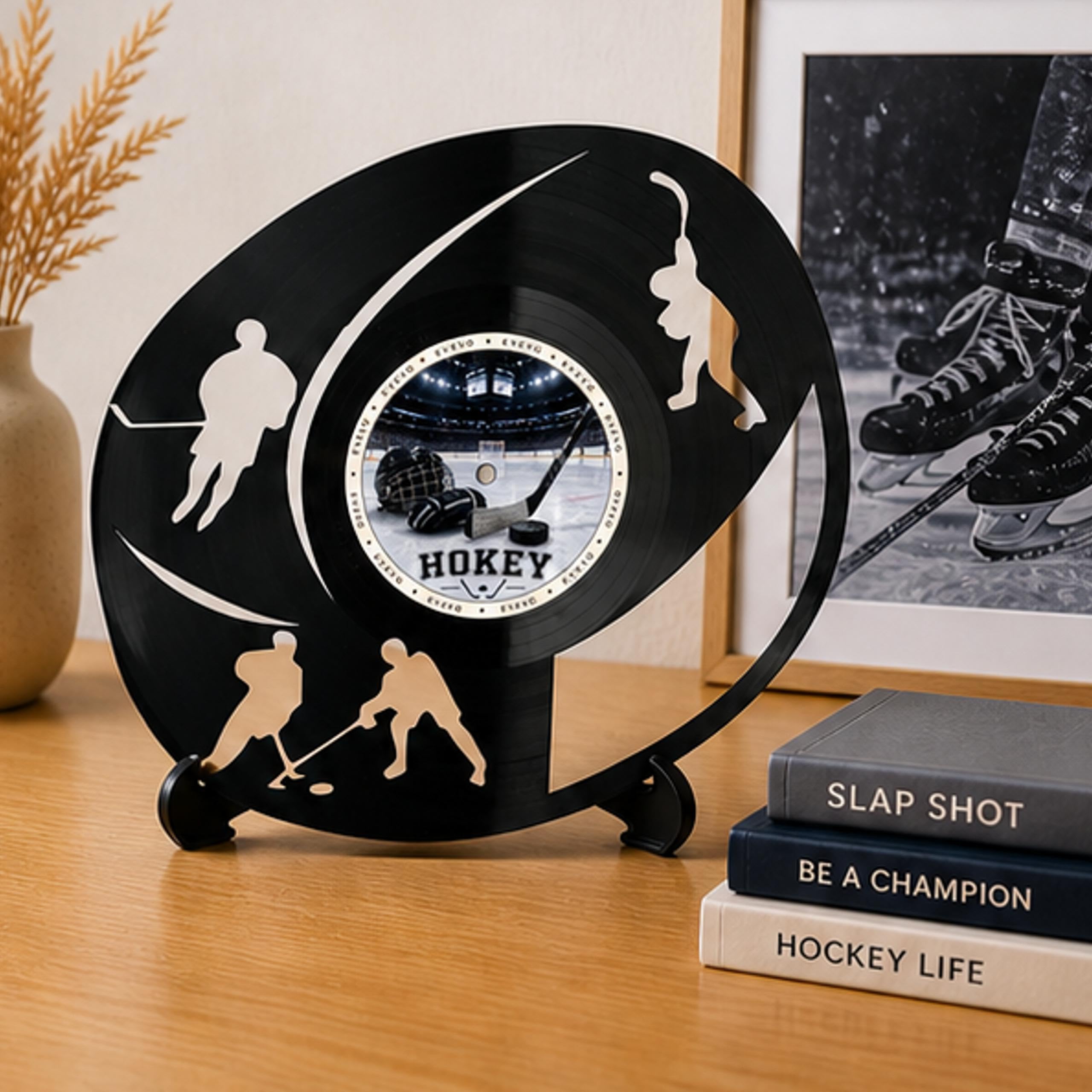 EVEVO Decorazione da parete in vinile con disco hockey su ghiaccio, arte da parete in vinile, regalo per giocatori di hockey su ghiaccio, allenatori, appassionati di sport invernali D0034