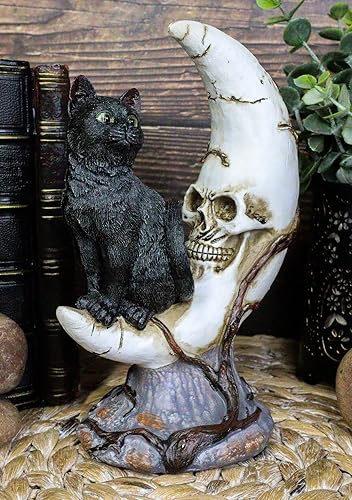 Miniatura 7 de Ebros Gift Hora de brujas realista Halloween gato negro sentado en luna creciente calavera figura con ojos de cristal, brujas, Wicca, gatos felinos