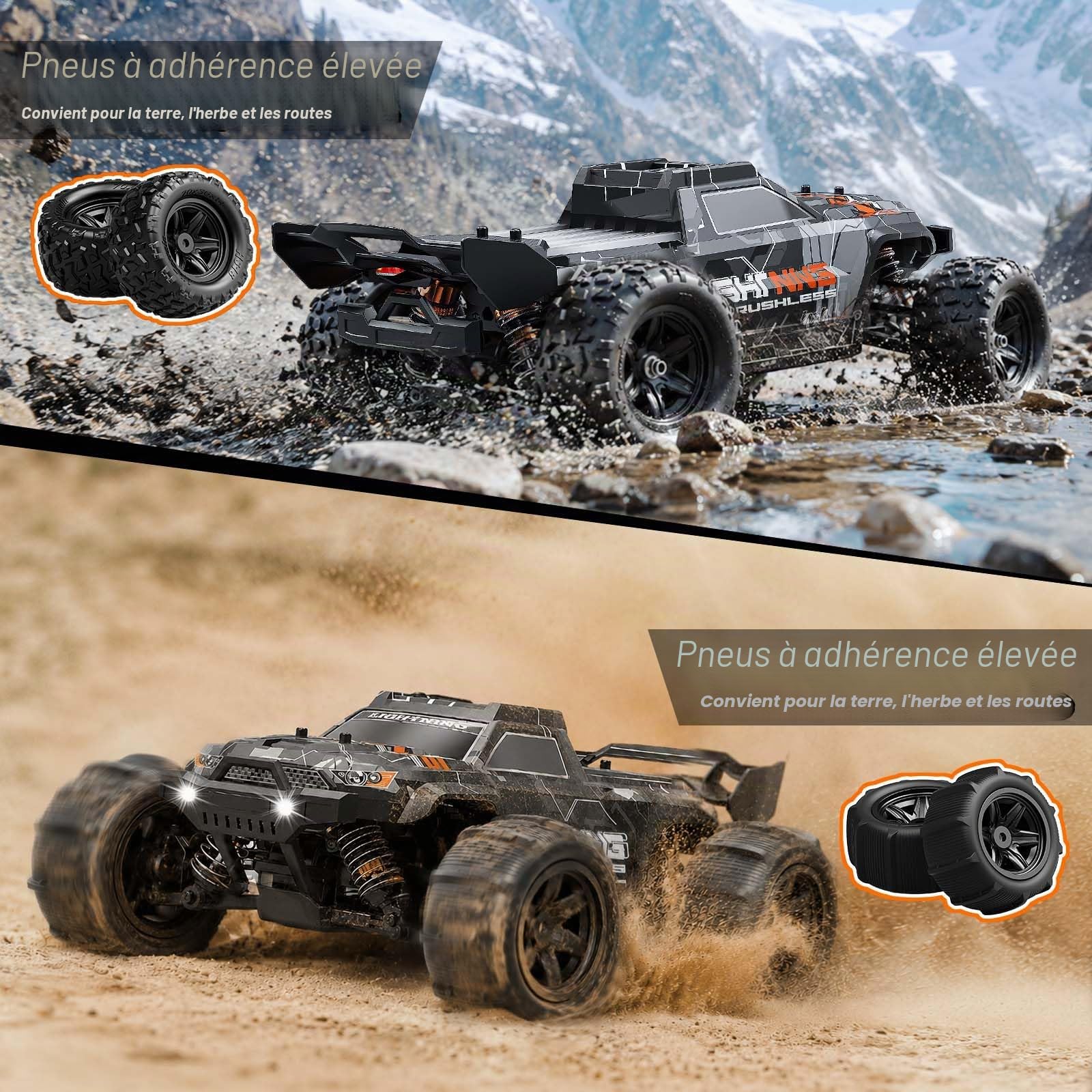 Voiture Télécommandée 1:18 Brushless 4WD Voiture RC 52 km/h pour Adultes & Enfants dès 8 10 Ans, Voiture RC Offroad RTR avec Transmission Métal, 2 Batteries & 2 Jeux de Pneus pour Tout Terrain & Sable
