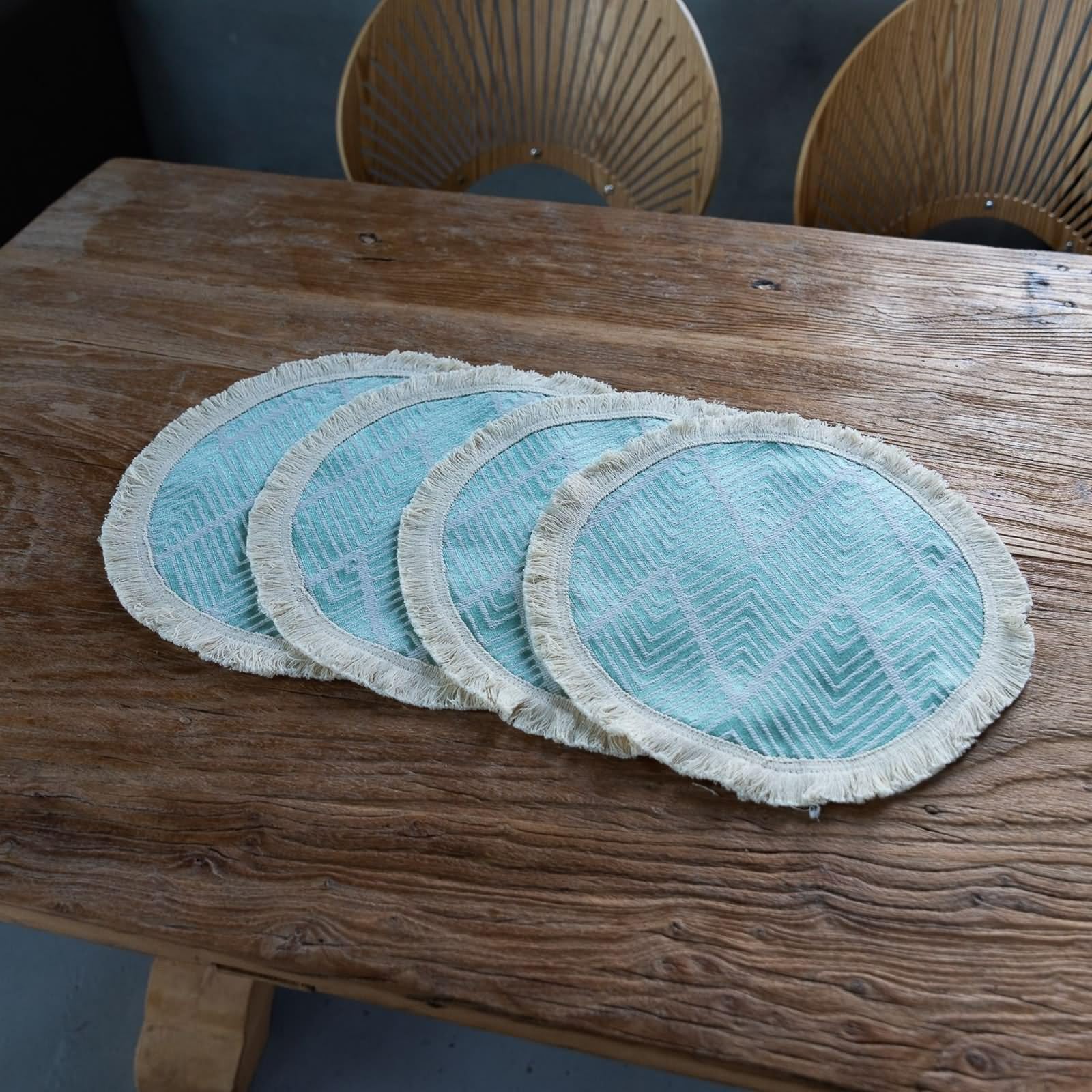 Platzsets XXL 6er Set, Tischunterlage Esstisch Schön 38cm Wellenstreifenmuster mit Quaste Polyester Baumwolle Grün Beige