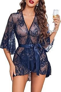 Lingerie for Women Sexy Lace Robes Babydoll Lingerie Dress Ruffled Hem Sheer Nightgown