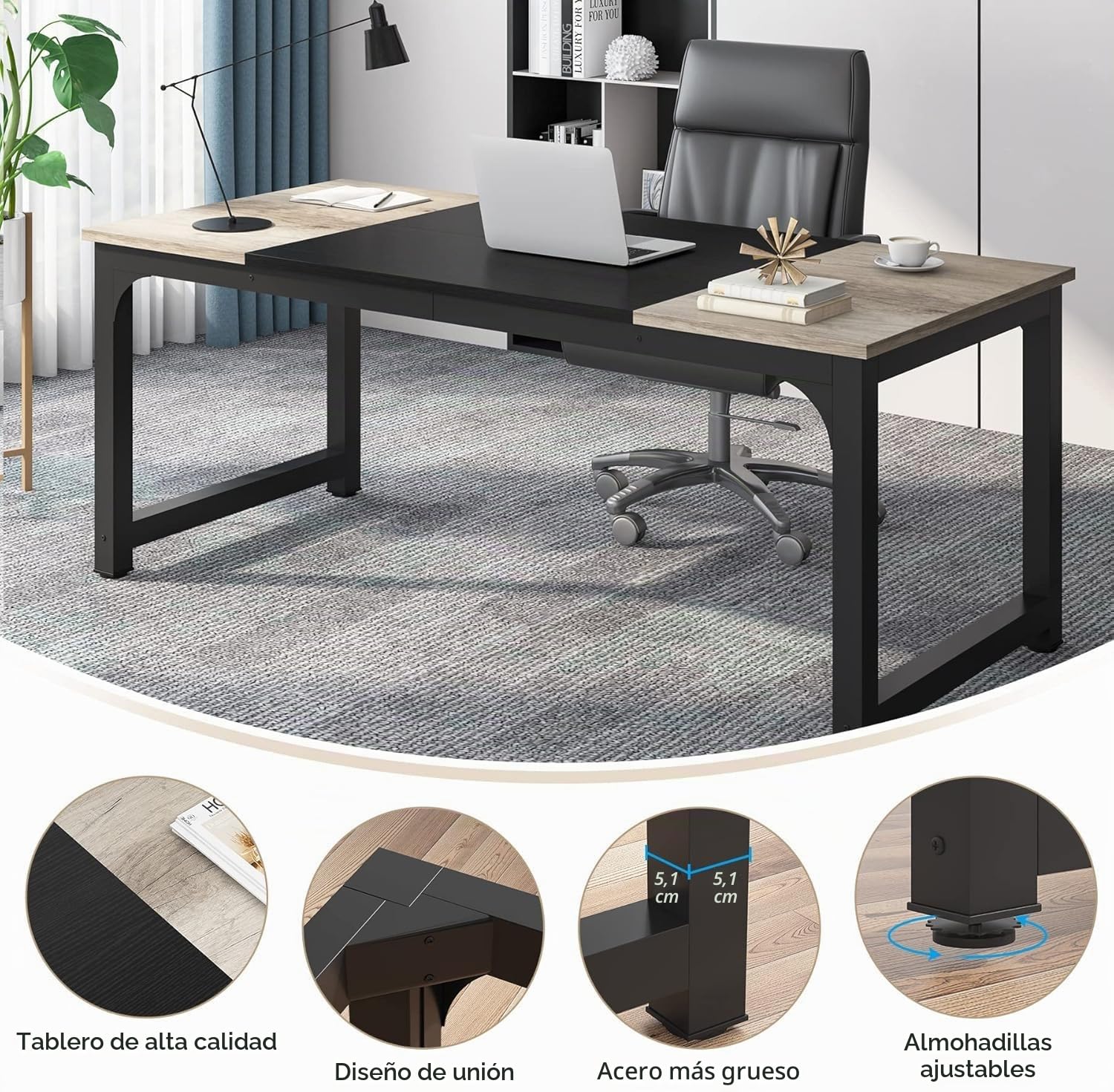 Lailang 180cm Escritorio, Mesa Portátil Ordenador, Mesa de Oficina Despacho, Mesa Escritorio Madera, Escritorio Estudio Musical, Mesa Oficina Grande, 180 x 80 x 75 cm, Negro