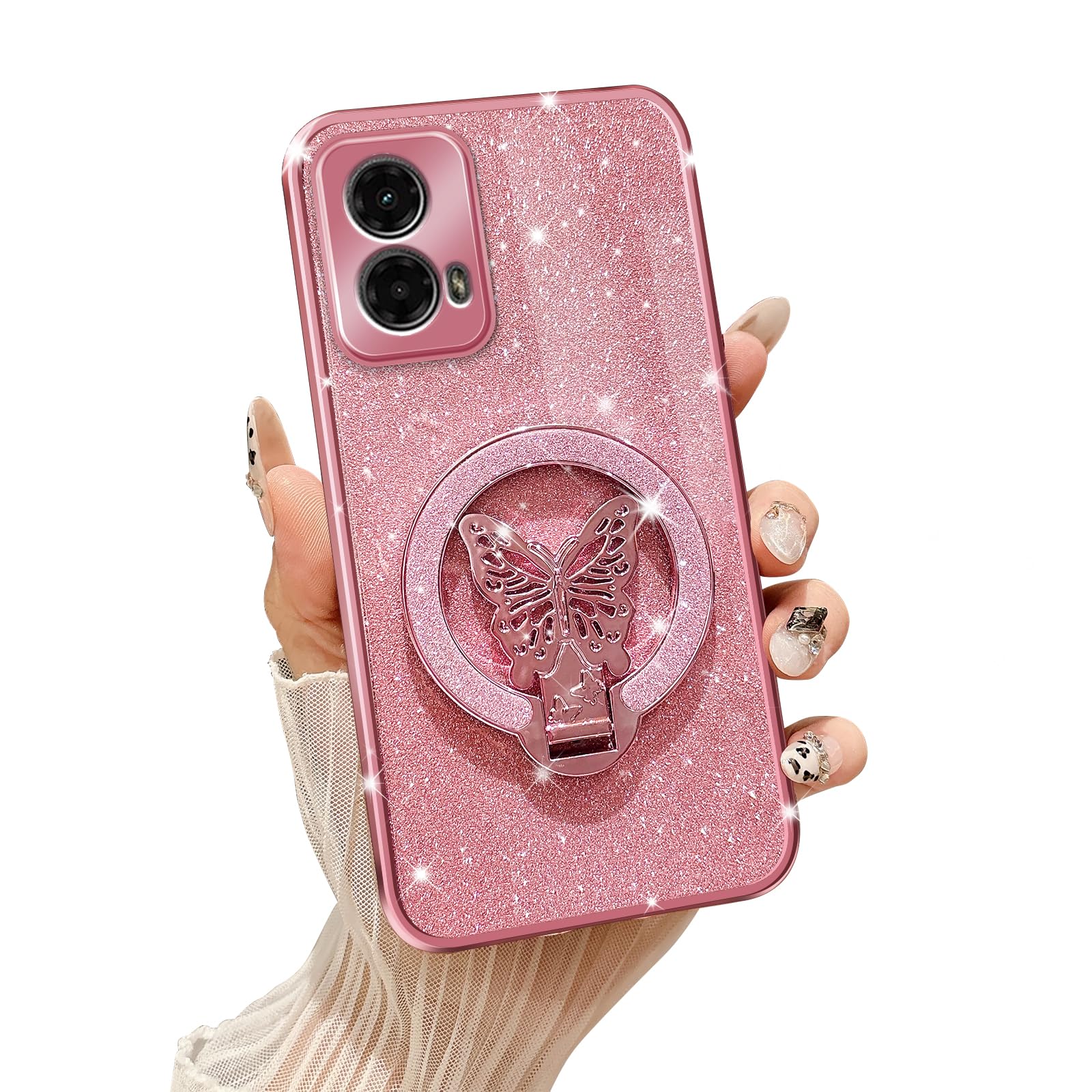 Tesazxcn Phone Case for Motorola Moto G-5G-2024 [Compatible with Magsafe] with Butterfly Kickstand & Lanyard Soft TPU Bling Shockproof Cover for