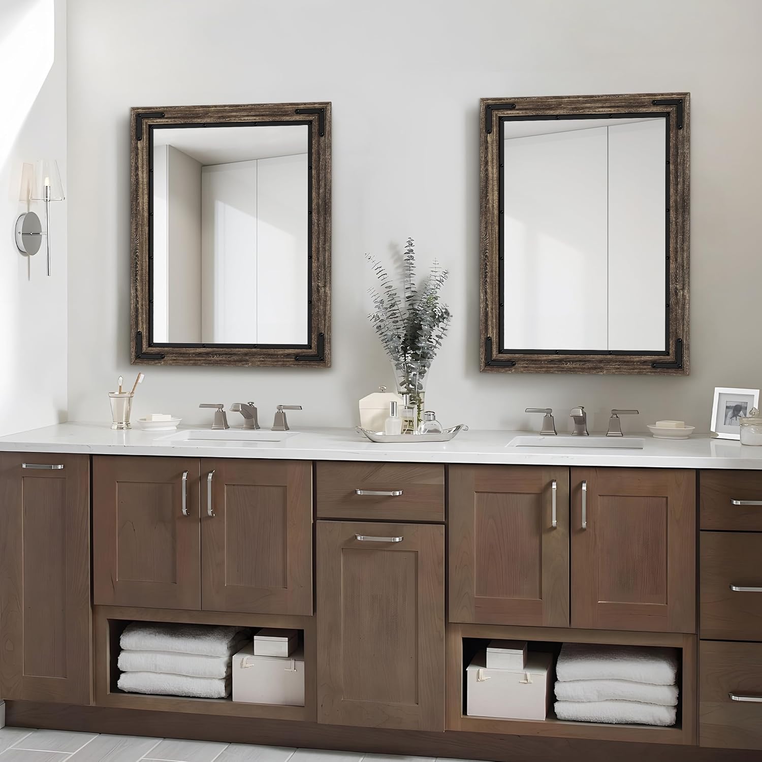 YOSHOOT Rustic Wooden Framed Wall Mirror, Vertical or Horizontal Hanging, 40" x 26", Brown