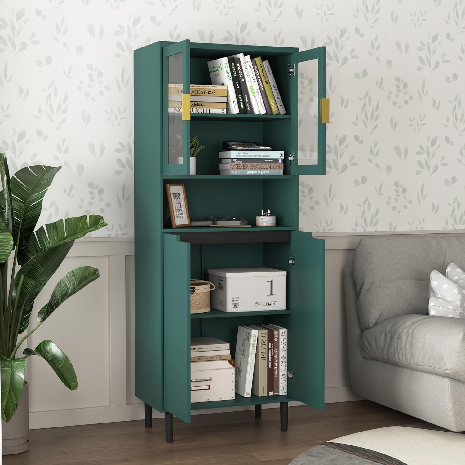Tall Bathroom Storage Cabinet, Freestanding Linen Cabinet with 2 Glass Doors & 2 Doors, Adjustable Shelf, Large Kitchen Pantry Cabinet with 5 Shelves for Living Room, Dining Room, Office, Green