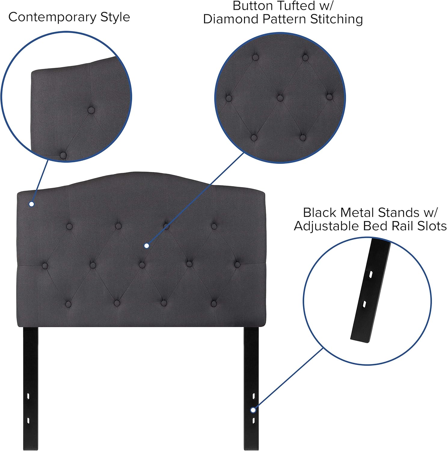 EMMA + OLIVER Twin Size Tufted Upholstered Headboard with Adjustable Metal Bed Rail Slots, Modern Fabric Upholstered Twin Headboard, Dark Gray