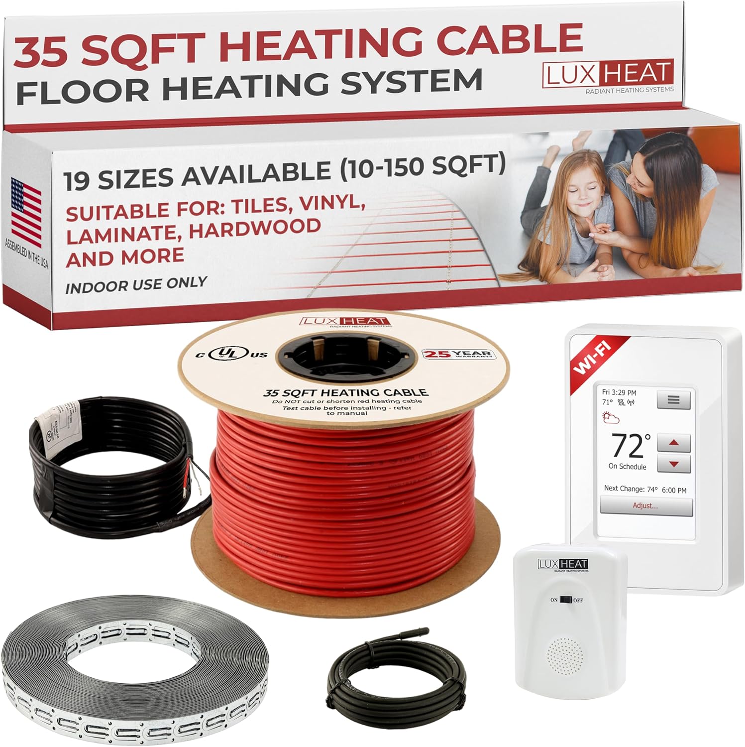 LuxHeat 35sqft Floor Heating Cable Kit - 120v Heated Floor Kit for Tile - Heated Flooring System Includes UWG4 WiFi Programmable Thermostat w/GFCI, Electric Heating Cable, Strapping, Sensor & Alarm