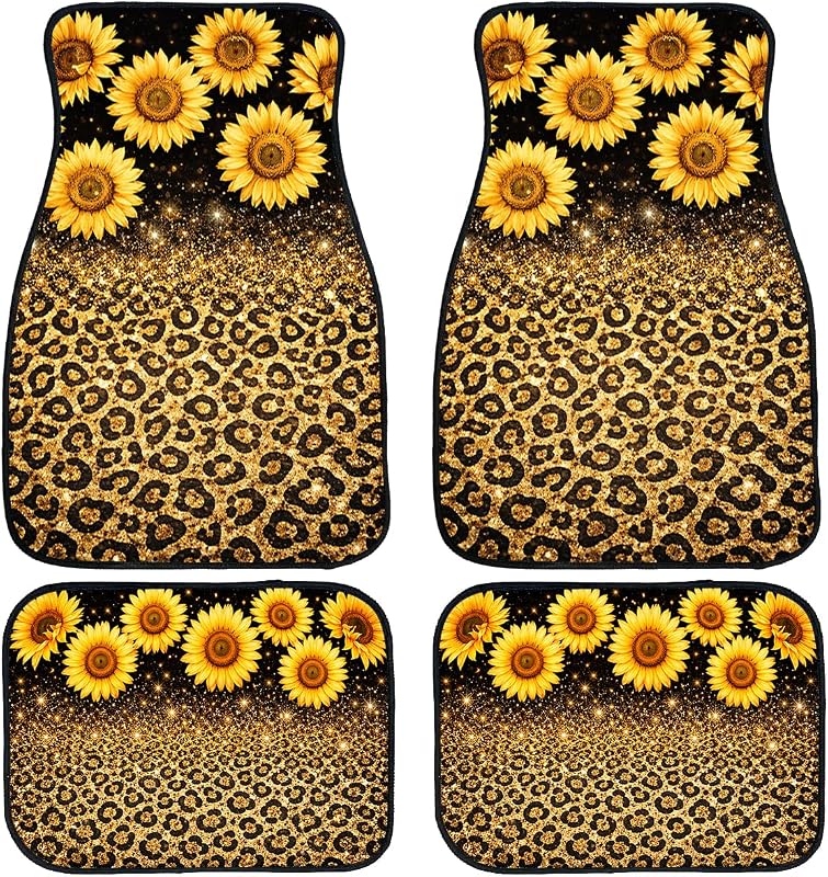 Tapetes automotivos em tecido com estampa de leopardo preto e dourado, base de borracha antiderrapante, 4 peças LXWJZQC
