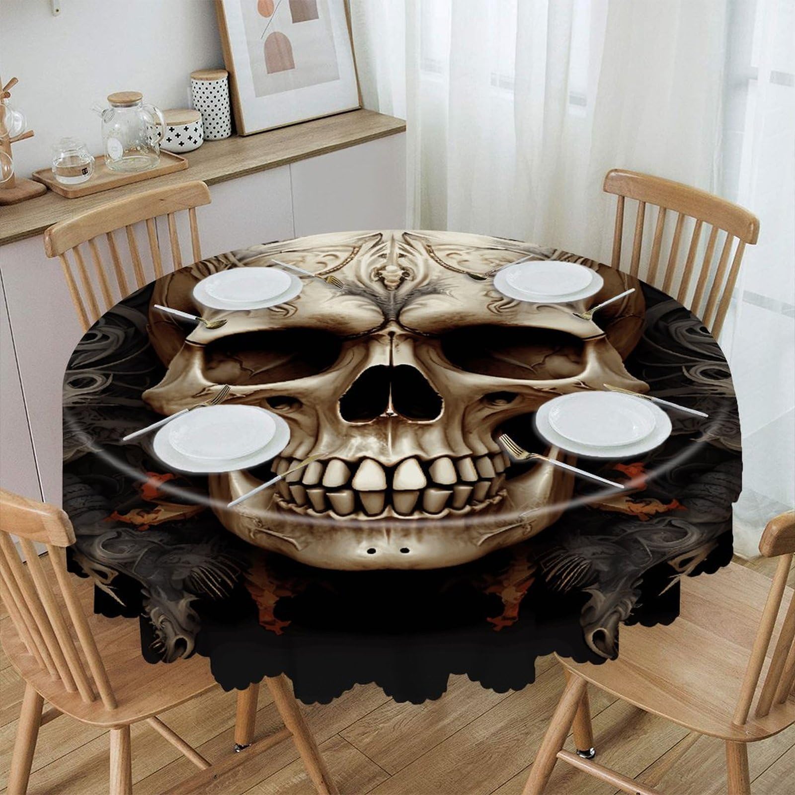 VstaDank Skulls Round Tablecloth Premium Polyester Table Cloth Heavy Duty Washable Fabric Tablecloth Waterproof Holiday Table Cover Decorative Tablecloths for Dining 60"