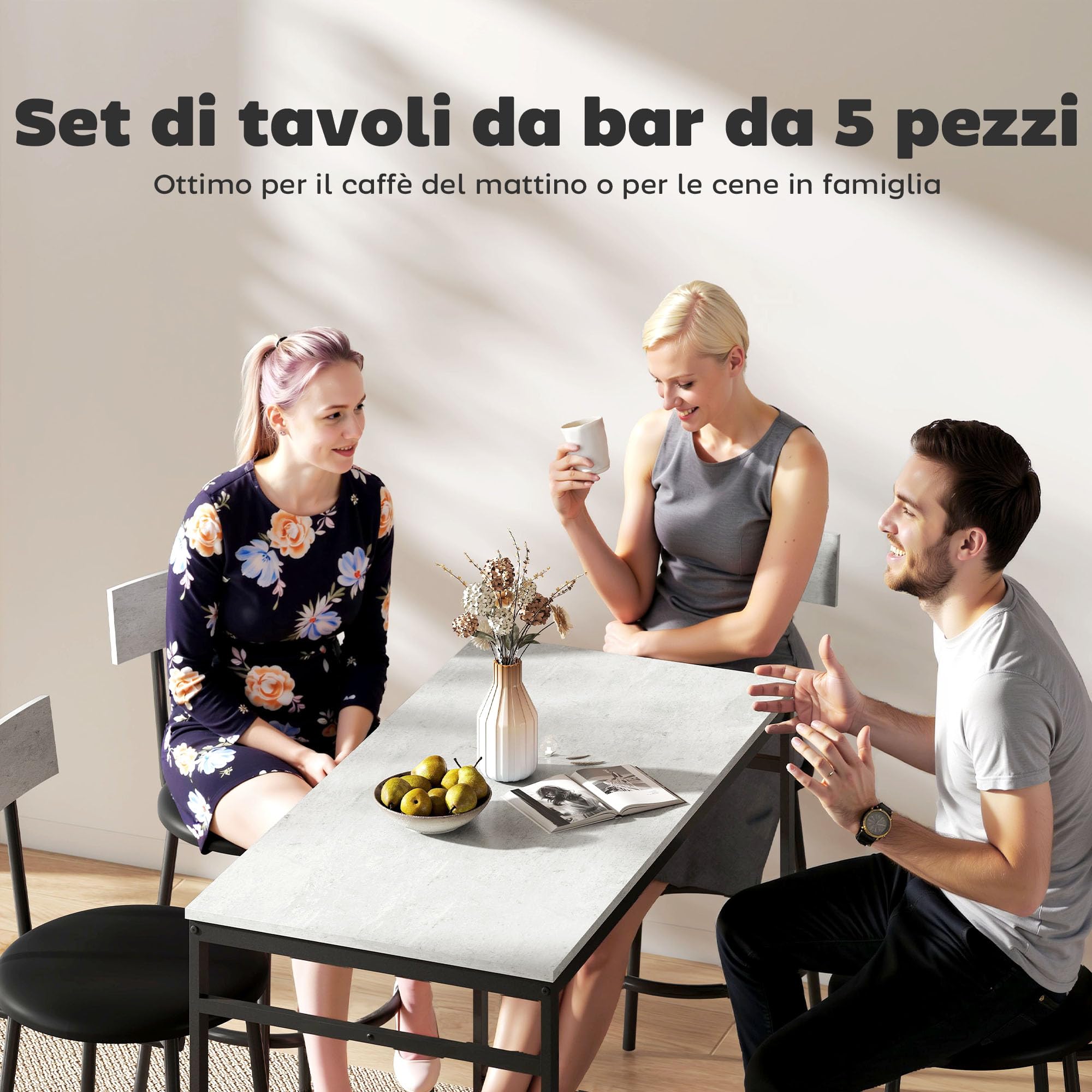 HOMCOM Set Tavolo Bar con 4 Sgabelli con Imbottitura Pelle PU, Bancone Bar e Sedie Cucina Salvaspazio con Gambe in Acciaio, Stile Moderno, Tavolo Alto con Sgabelli per Casa Pranzo Soggiorno, Grigio