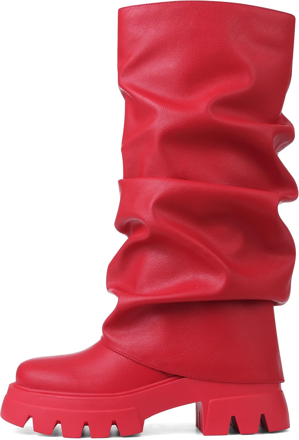 VOMIRA Women's Fold Over Boots Slouchy Boots Wide Calf Pleated Platform Boots Glitter Metallic Silver Boots Chunky Stacked Boots Mid Calf Boots