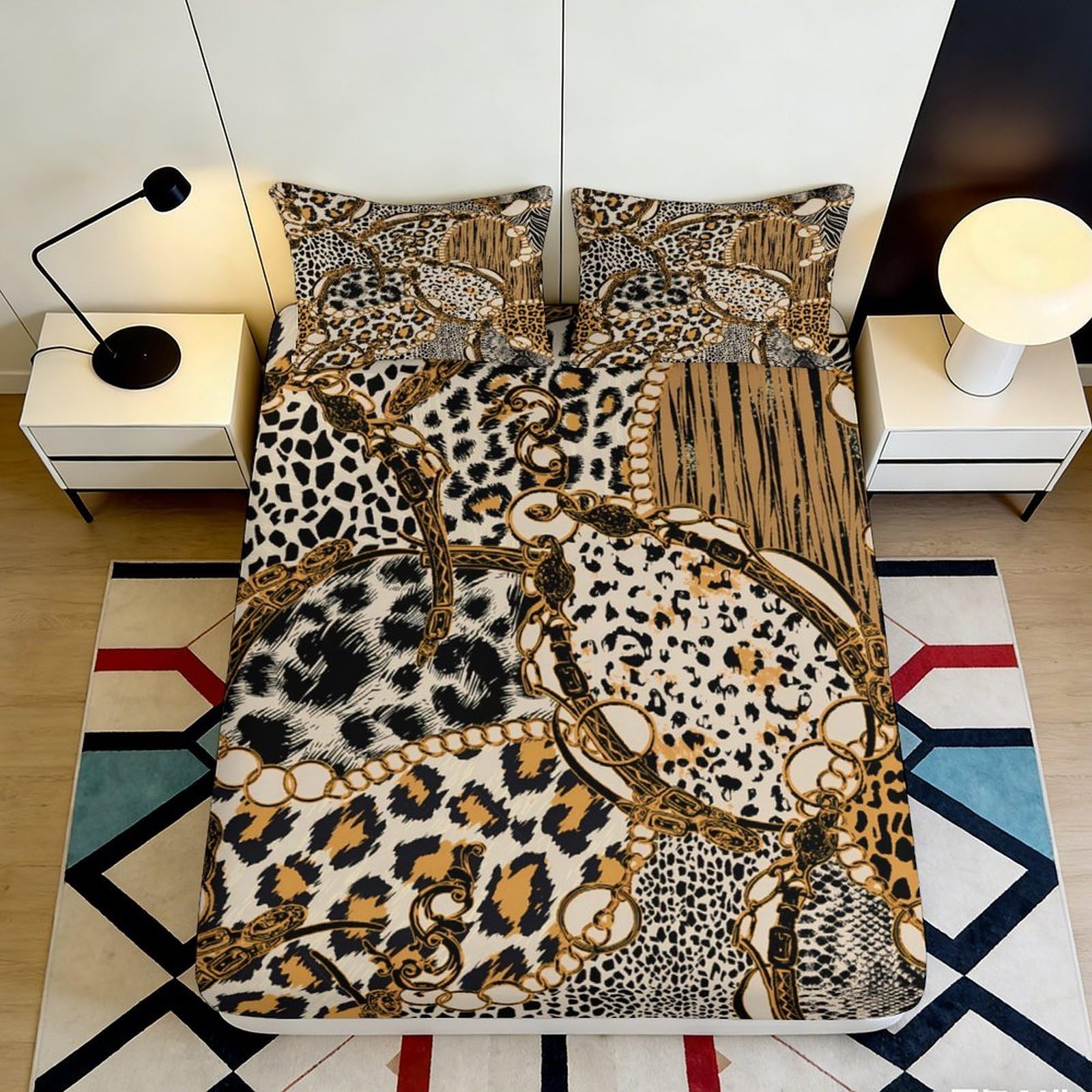 3D Printed Leopard Patchwork Fitted Sheet Microfiber Soft Breathable Animal Skin Mattress Cover for Bedroom Dorm Decor 90x200x25cm