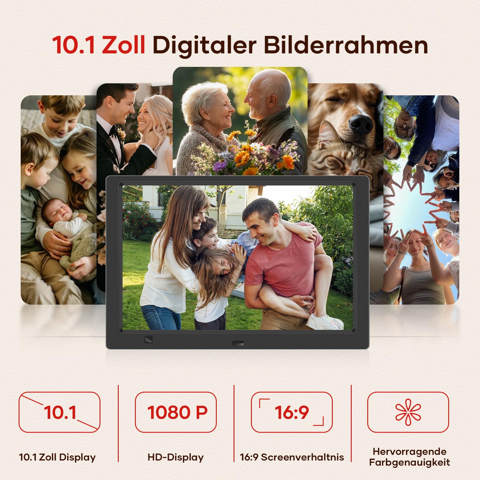 Digitaler Bilderrahmen Elektronischer Fotorahmen ohne WLAN, 10,1 Zoll IPS Bildschirm Photo Frame mit 32GB USB Stick & Bewegungssensor Zeitschaltuhr Foto/Kalendar/Video/Musik-Player Wandmontierbar