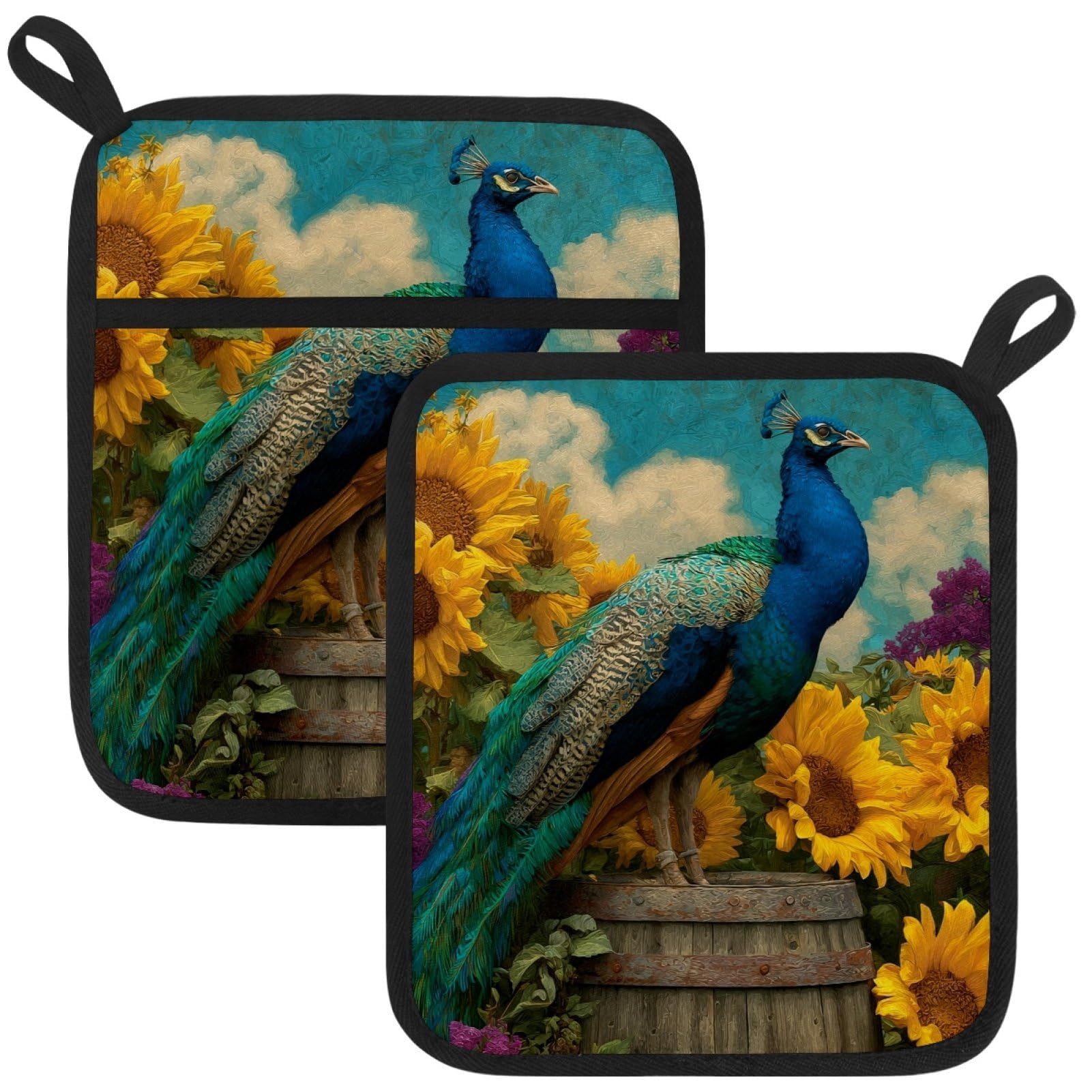 VAPOKF Peacock Sunflower Pot Holders with Pocket for Kitchen Heat Resistant Potholders Large Polyester-Cotton Square Oven Mitts Set