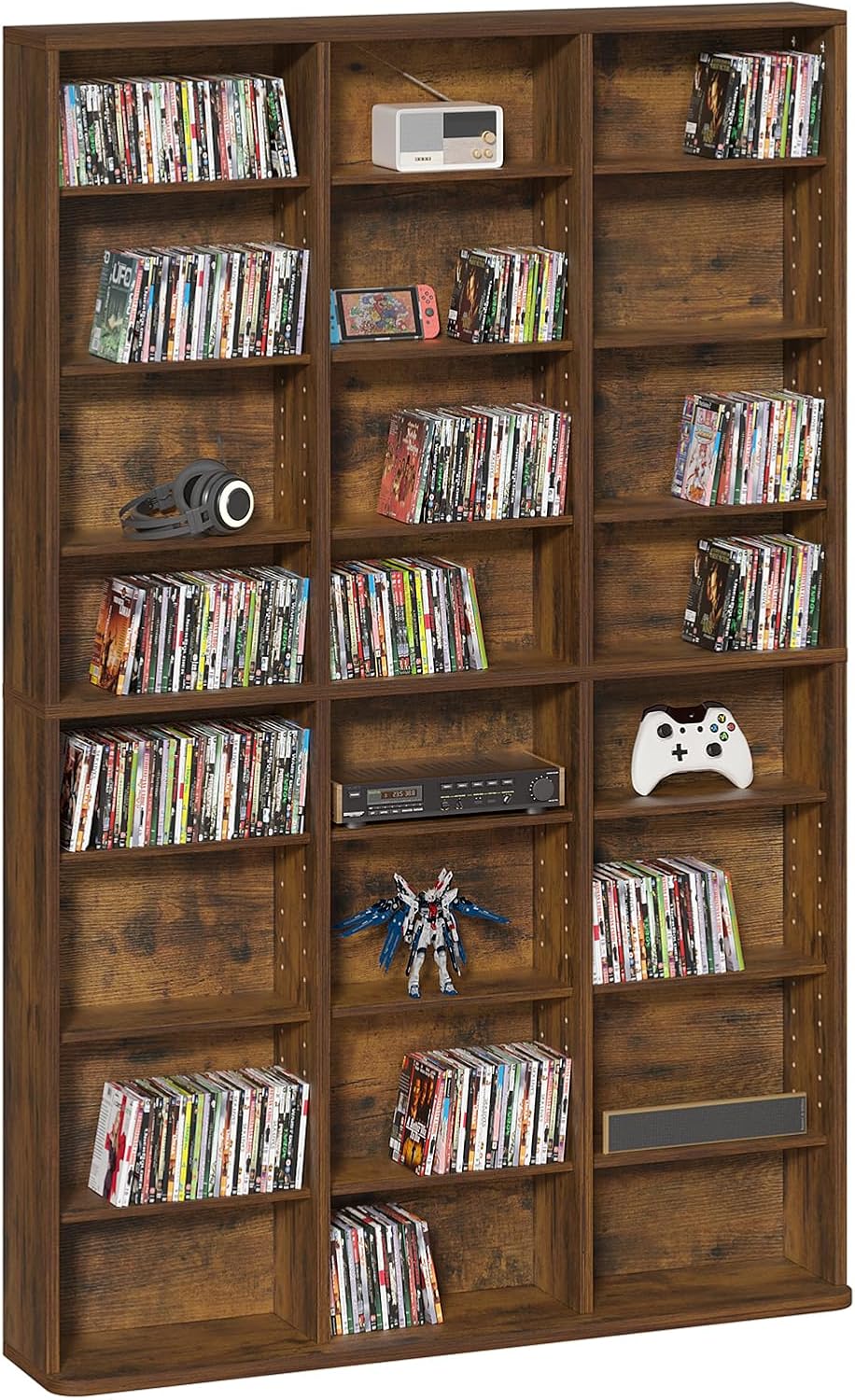 LELELINKY 8 Tier Tall Display Cabinet, Brown Media Storage Cabinet with Adjustable Shelves, Free Standing DVD Organizer Shelf, Floor Multimedia Storage Manga Bookshelf for Living Room & Home Office.