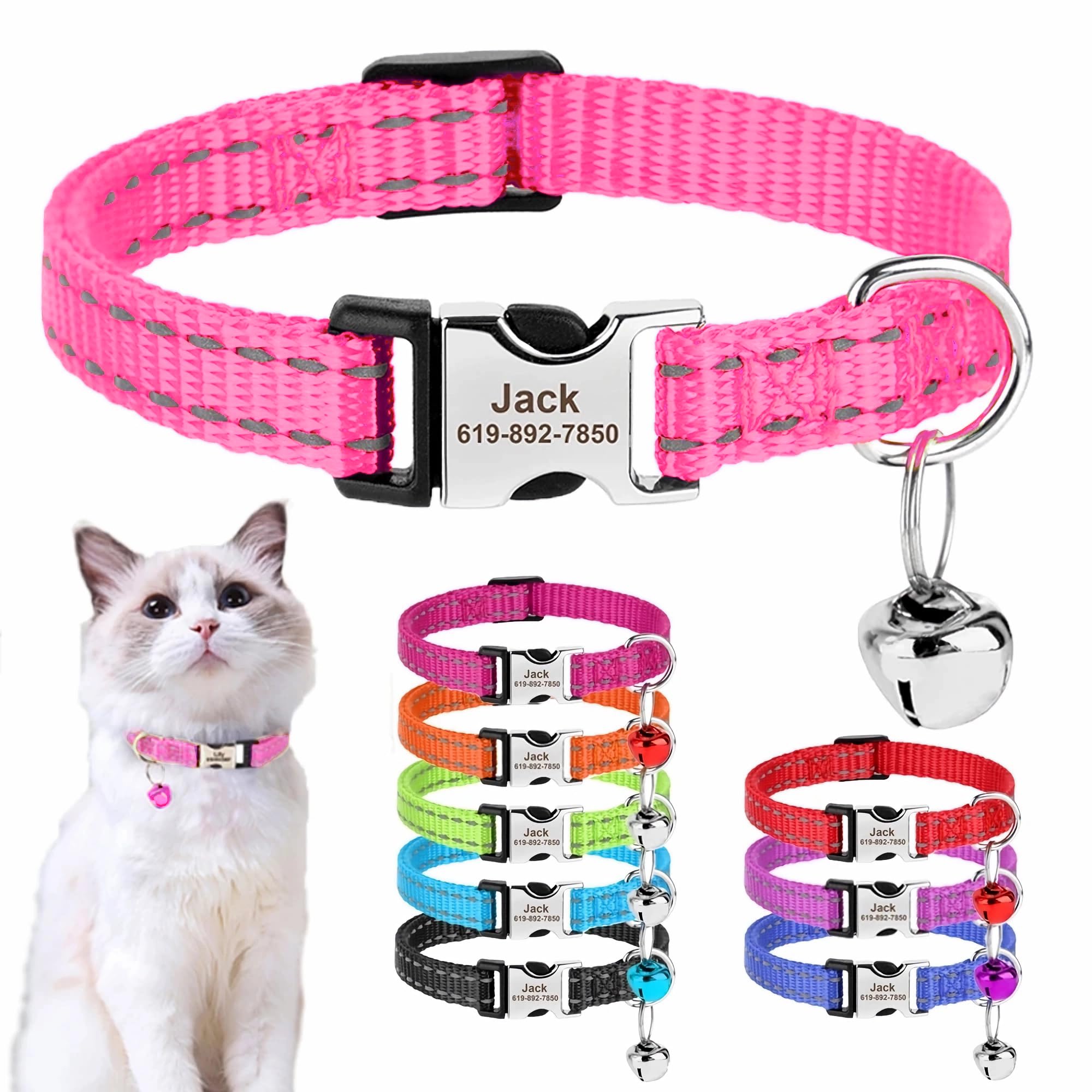 SEOUGEE Personalised Cat Collar with Name Tag, Adjustable Nylon Reflective Kitten Collars with Bell and Safety Buckle, Customize Engraved Pet Name & Phone Number, Pink