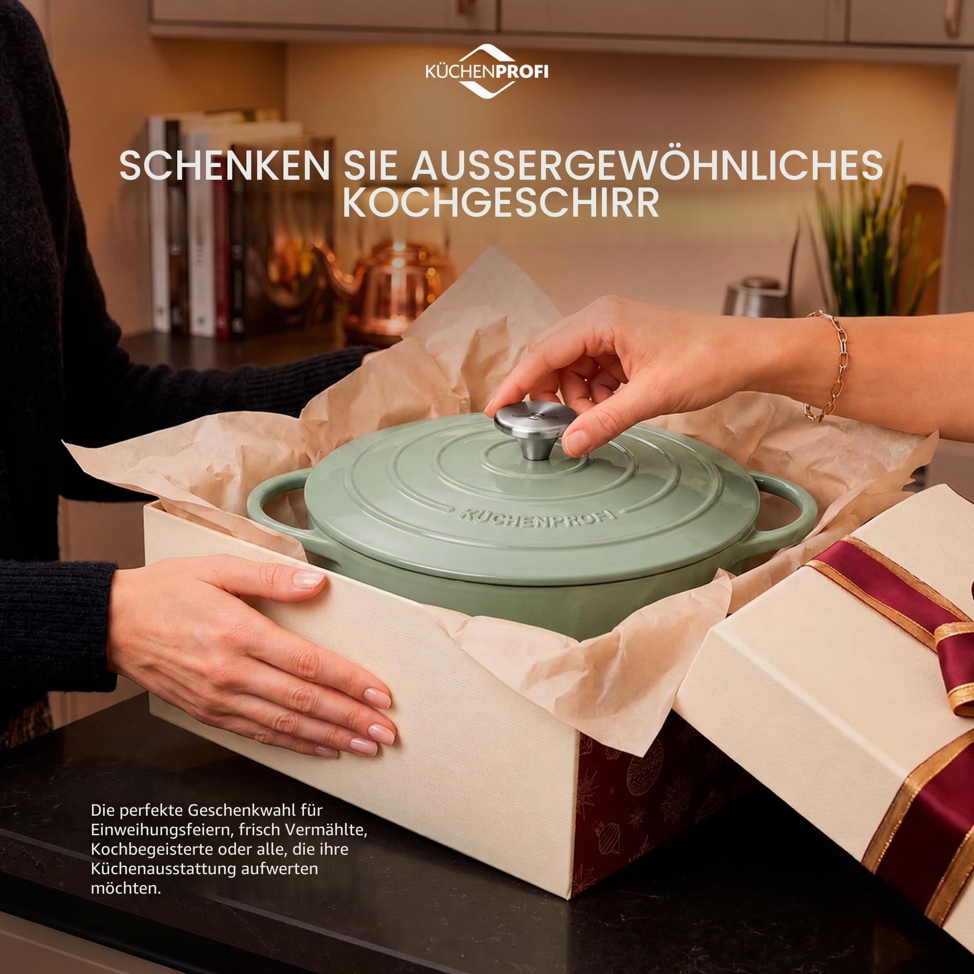 Küchenprofi Gusseisen Bräter mit Deckel rund, jade, 26 cm, Schmortopf, Auflaufform, Dutch Oven, Brotbacktopf, emailliert, für alle Herdarten (inkl. Induktion), zum Schmoren, Backen, Braten