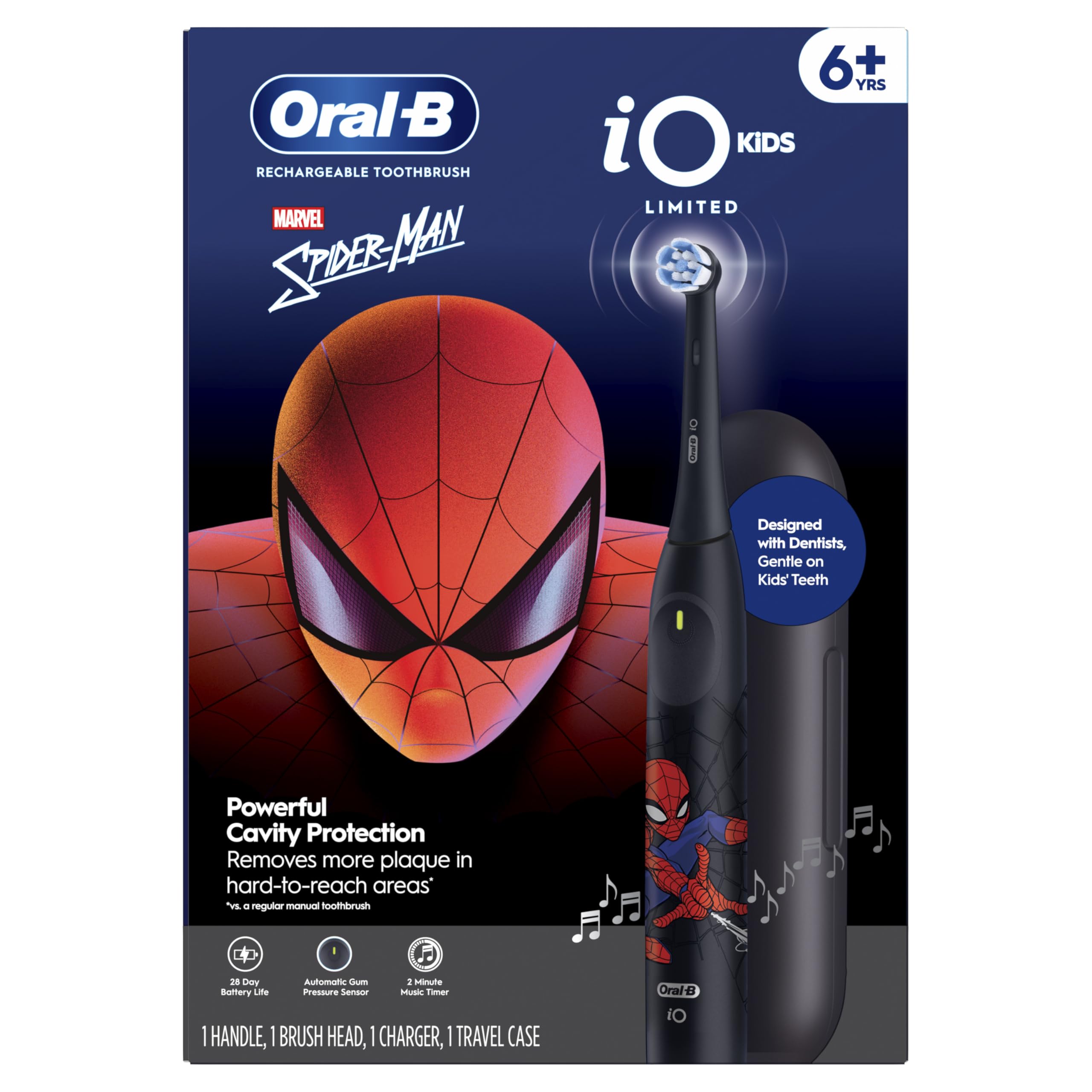 Oral-B iO Kids Limited - Cepillo de dientes eléctrico recargable, Spiderman con 1 cabezal de cepillo de cuidado suave, sensor de presión automático para proteger las encías, 3 ajustes de limpieza