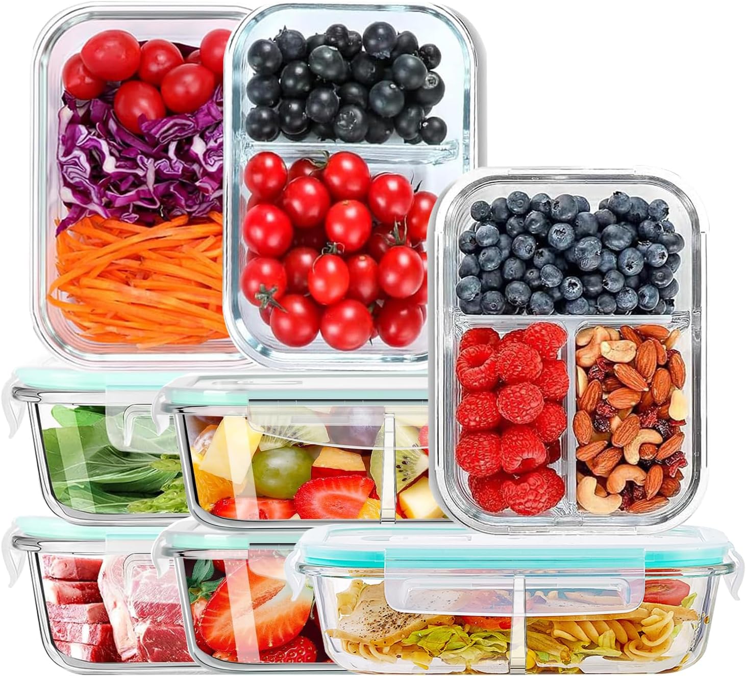 Glass Food Storage Containers, 8 Pack Airtight Glass Containers With Plastic Lids (1040ml/35oz), Lunch Box For Kitchen Storage & Organisation(1 Compartments*3, 2 Compartments*3, 3 Compartments*2)