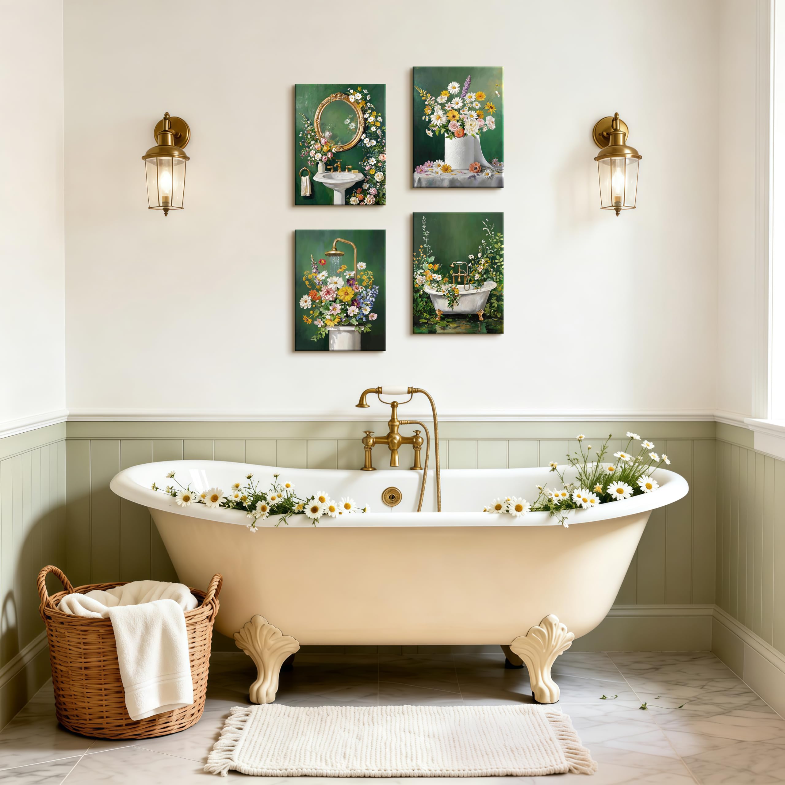 4Pcs Stampa su tela Con Cornice Bagno in Stile Botanico Verde Pittura Foglie di Fiori Selvatici Verde Quadri su tela Poster da parete Quadretti Quadri Moderni Lavabo WC Vasca da Bagno 30x40cm x4