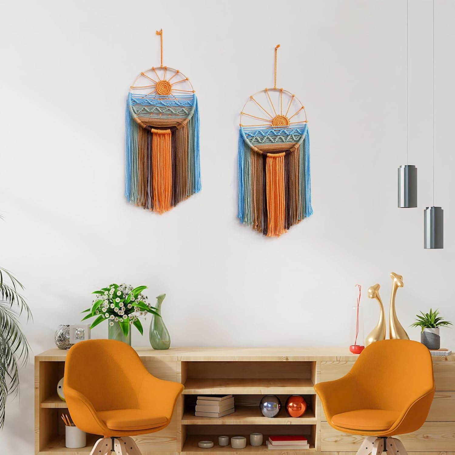 Artilady 2 Pack Macrame Sun Wall Decor Hanging Tapestry Sunshine Sunset Wall Art Set, Rustic Woven Tapestries Boho Dream Catcher Colorful Decor for Bedroom Living Room Nursery (Orange 2pcs)