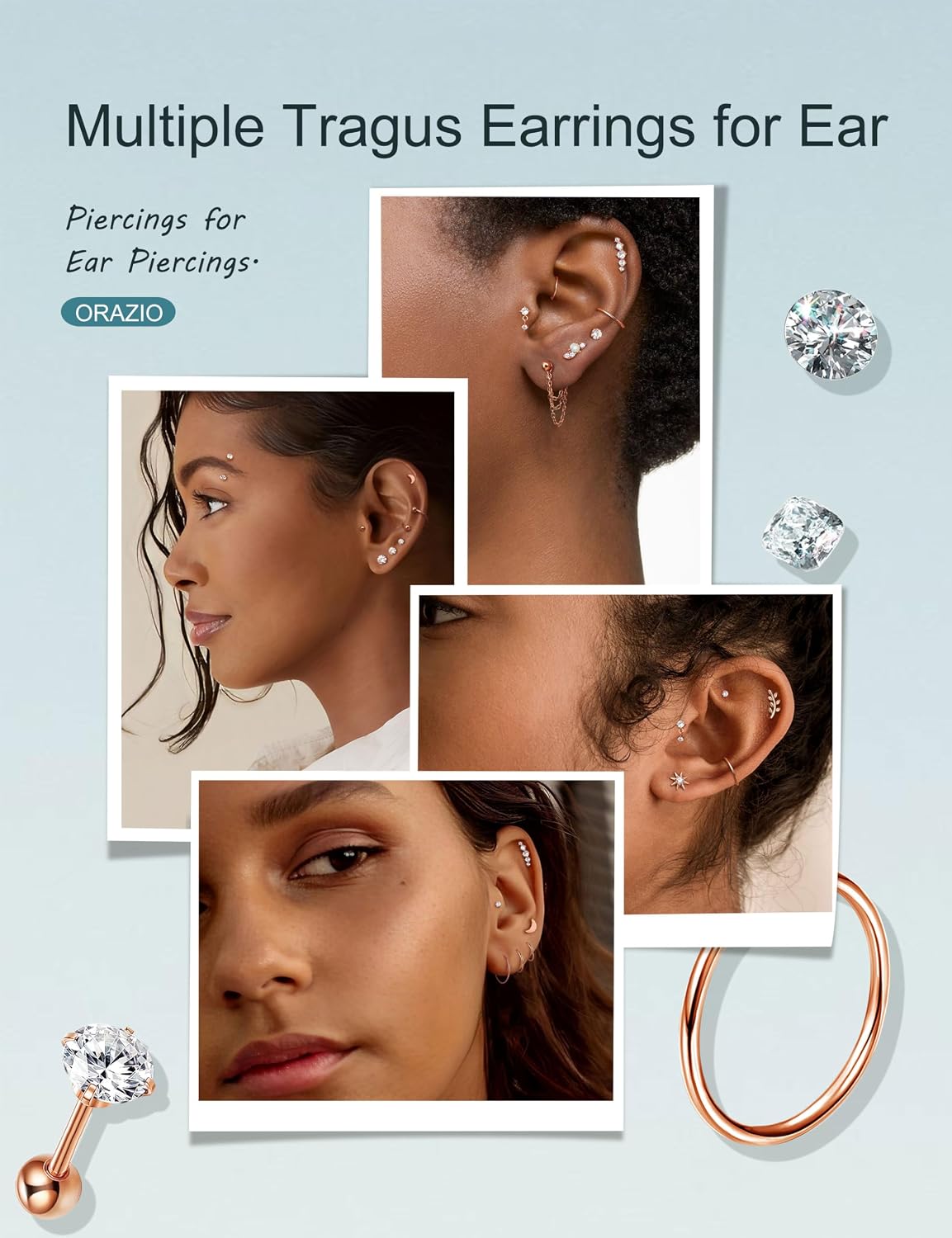 ORAZIO 16 Gauge Cartilage Earrings for Women-Hypoallergenic Surgical Stainless Steel Tragus Earring Set Threadless Flat Back Earrings Push in Nose Studs Daith Conch Tragus Helix Piercing Jewelry