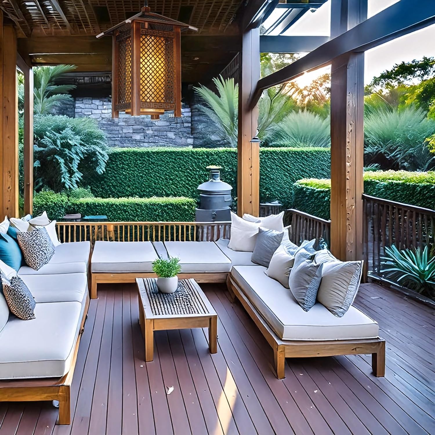 Outdoor Modern Minimalist Pendant Light, Waterproof Anti-Corrosion Hanging Square Lamp, Wooden Fixture with Gauze Shade, for Courtyard, Porch, Garden, Pathway, Commercial, Corridor(Medium)