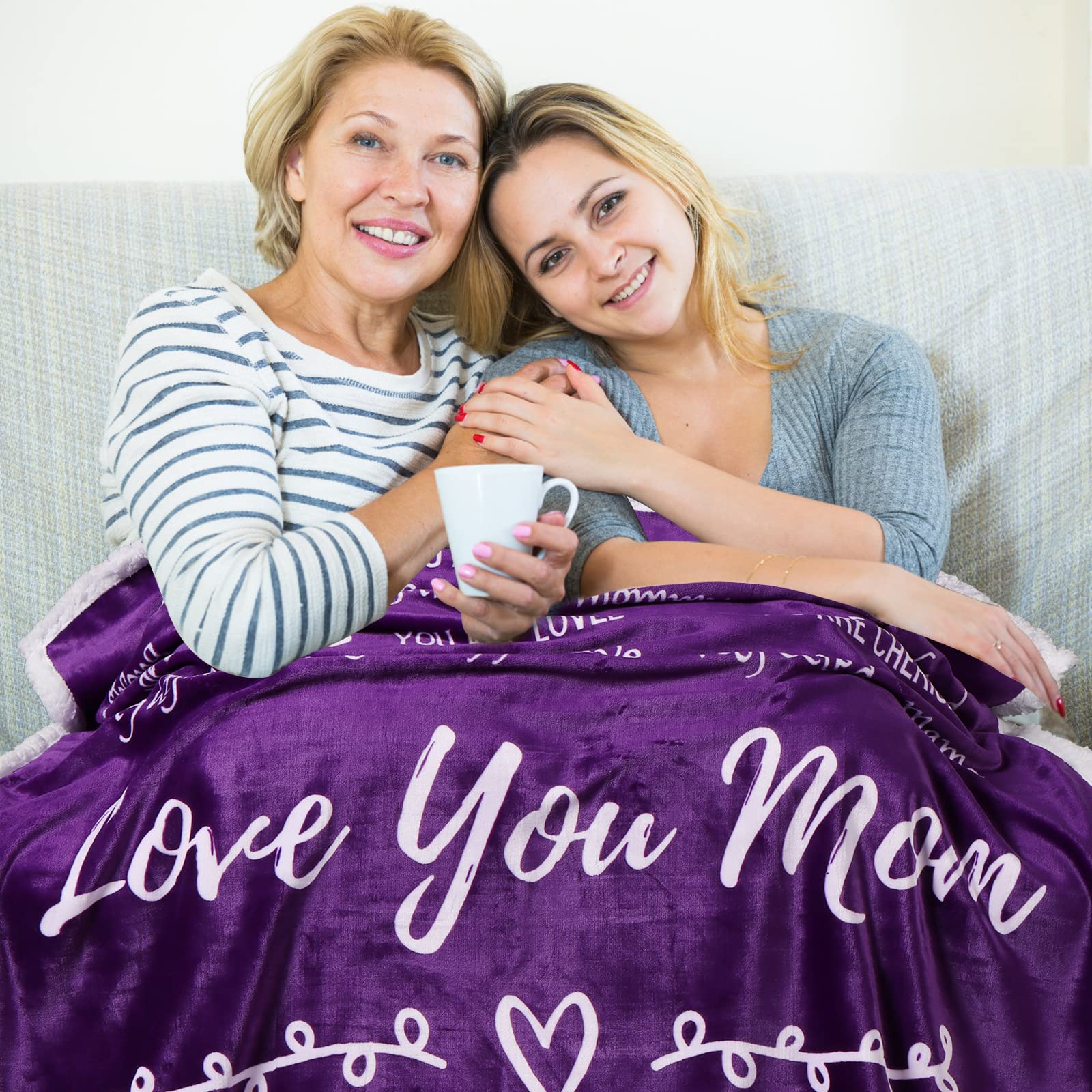 FILO ESTILO Love You Mom Blanket, Mom Birthday Gifts from Daughter or Son, Mothers Day Gift Ideas, Throw Blanket 60x50 Inches (Purple Violet, Sherpa)