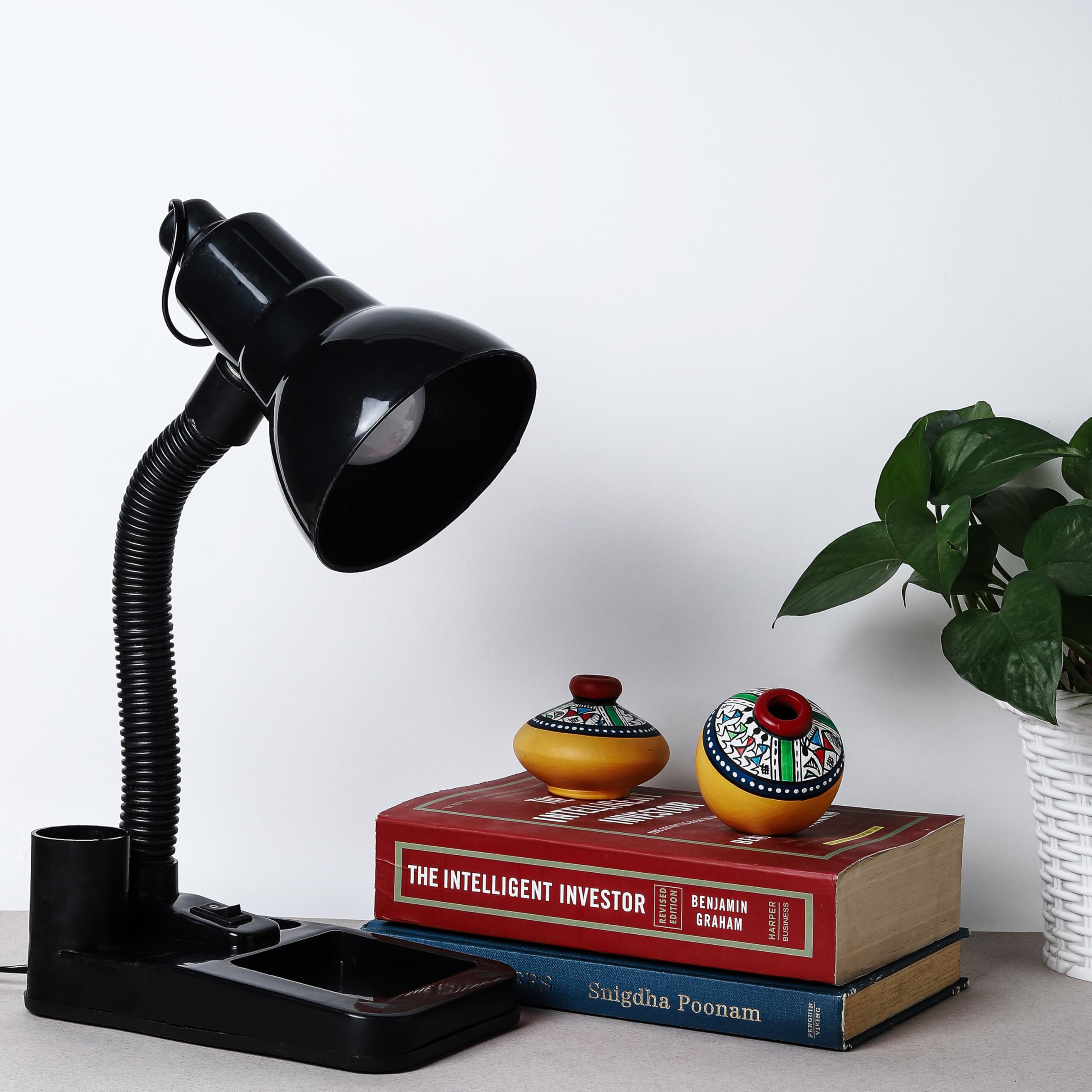 Lexton Stylish Table Lamp with Pen Stand | Adjustable Lamp Neck | B22 Bulb | Metal Round Frame | Lamp for Study/Reading/Writing | Office Desk Bed Side Lamp (Black, Plastic, 1 Piece)(Bulb Not Included)