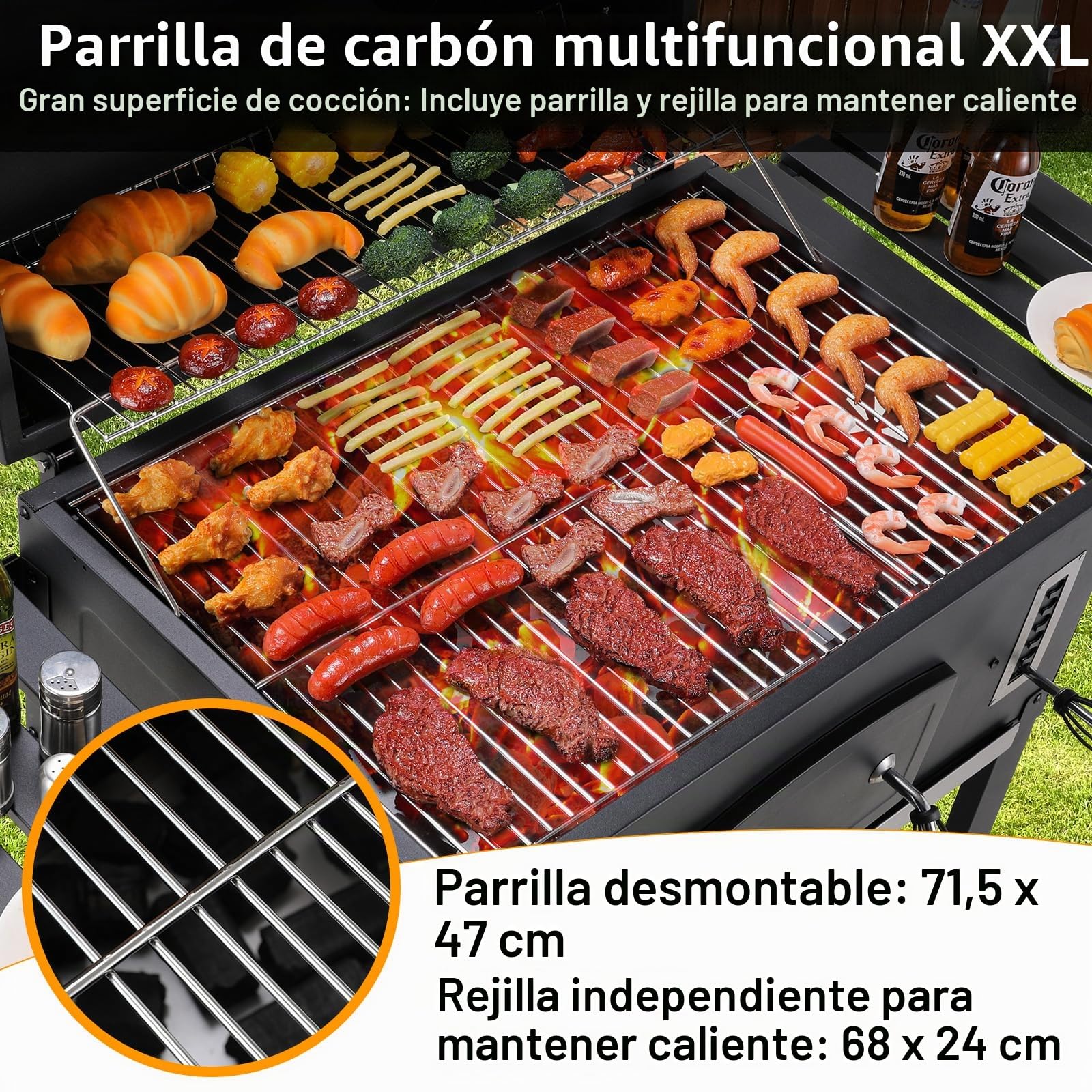 LIFERUN Parrilla Barbacoa Carbon con Tapa, XXL BBQ Smoker, Parrilla con Carrito, con 2PCS Ruedas, Termómetro, Barbacoa de Carbon para Camping y Jardín, 138x155x61 cm