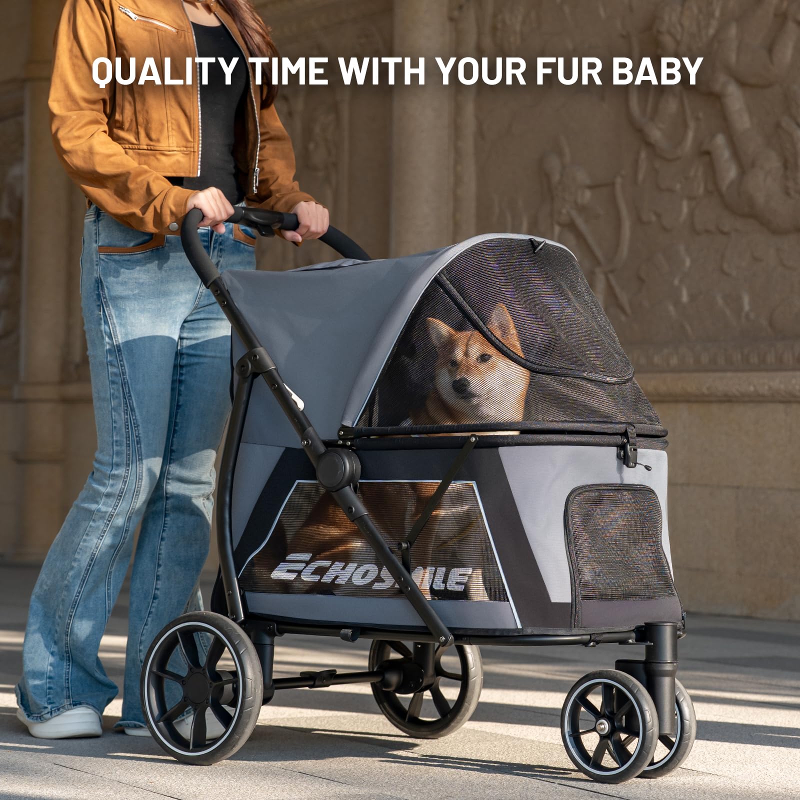 EchoSmile Cochecito para perros medianos y grandes de hasta 40 kg, plegable con ventanas de red, asa ajustable y 3 ruedas todoterreno (gris + negro)