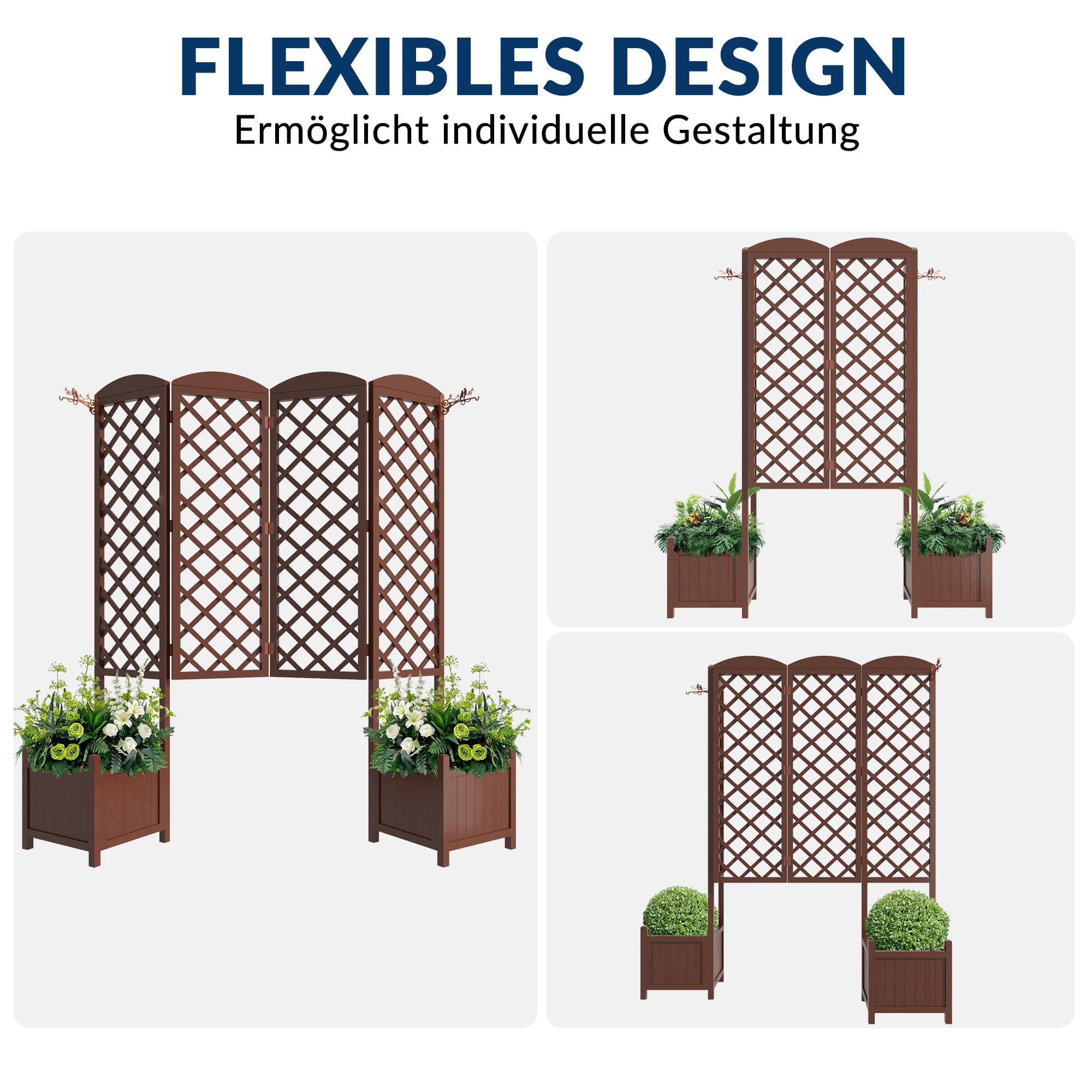 Cassetta da Giardino con Griglia Rampicante, Aiuola Rialzata Impermeabile in Legno di Abete 160x40,6x183cm, Schermo Privacy con Drenaggio per Piante Rampicanti, Frutta, Verdura(Confezione da 2 pezzi)
