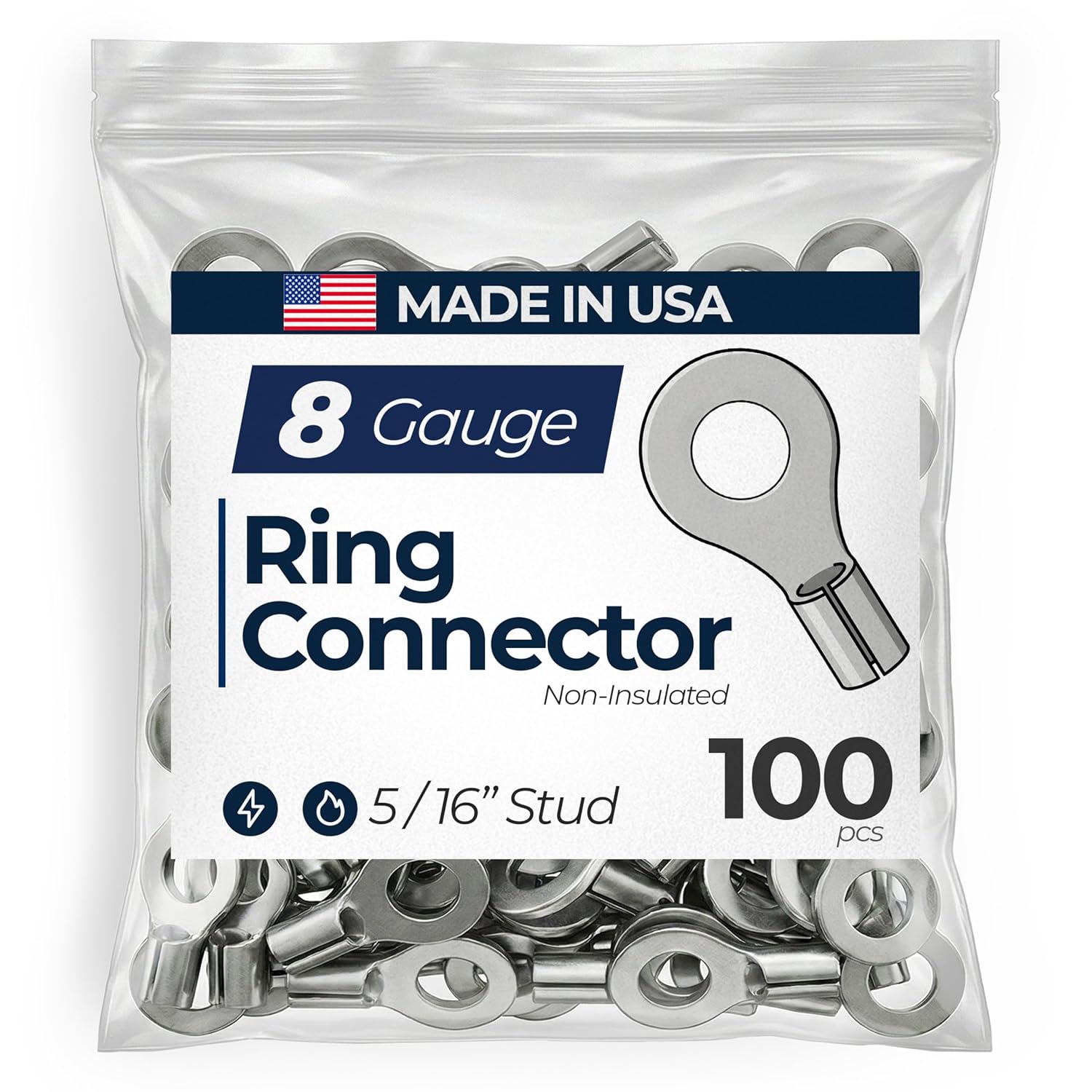 Sherco-Auto 100 Pcs Non-Insulated 8 AWG Gauge Ring Connector - 5/16" Stud Wire Terminal - Pure Copper & V-Grooves Serrations for Strong Crimps & Corrosion Resistance - Made in USA