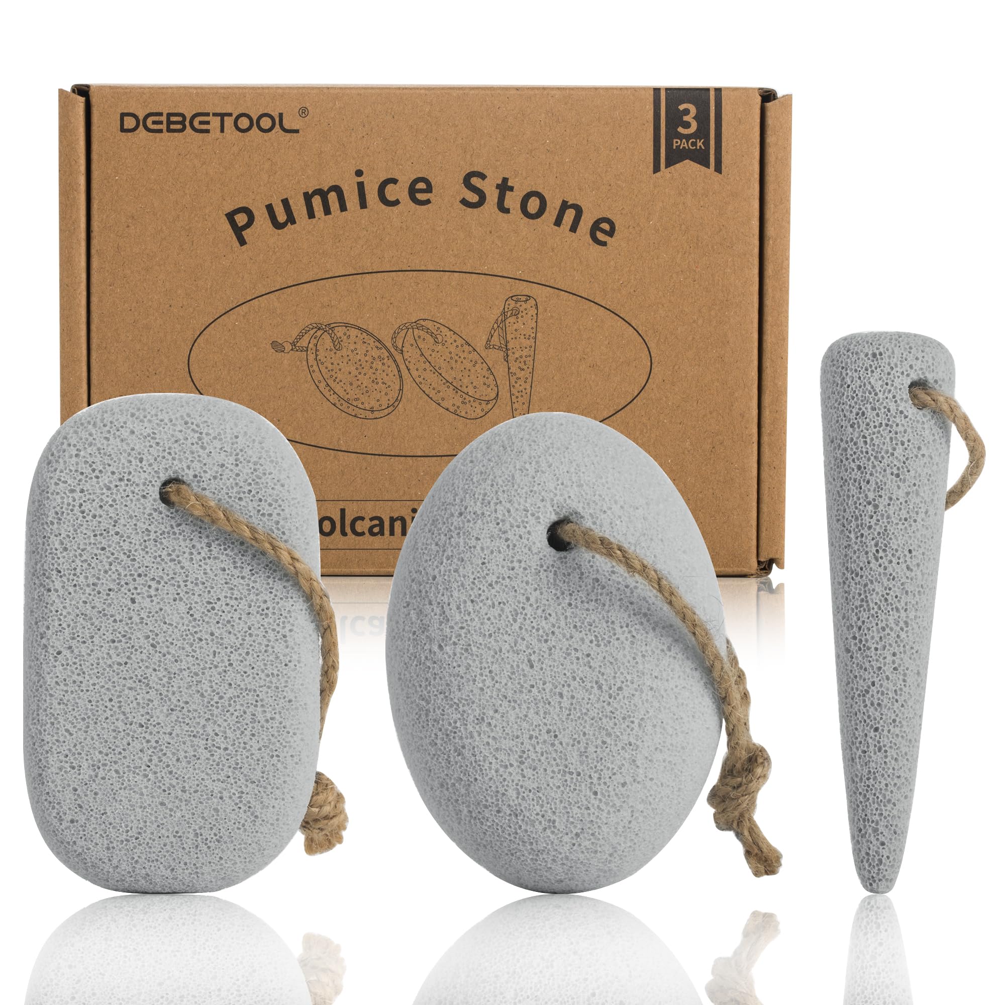 DEBETOOL 3-Pack Natural Volcanic Foot Pumice Stone Set, Round, Oval & Cone