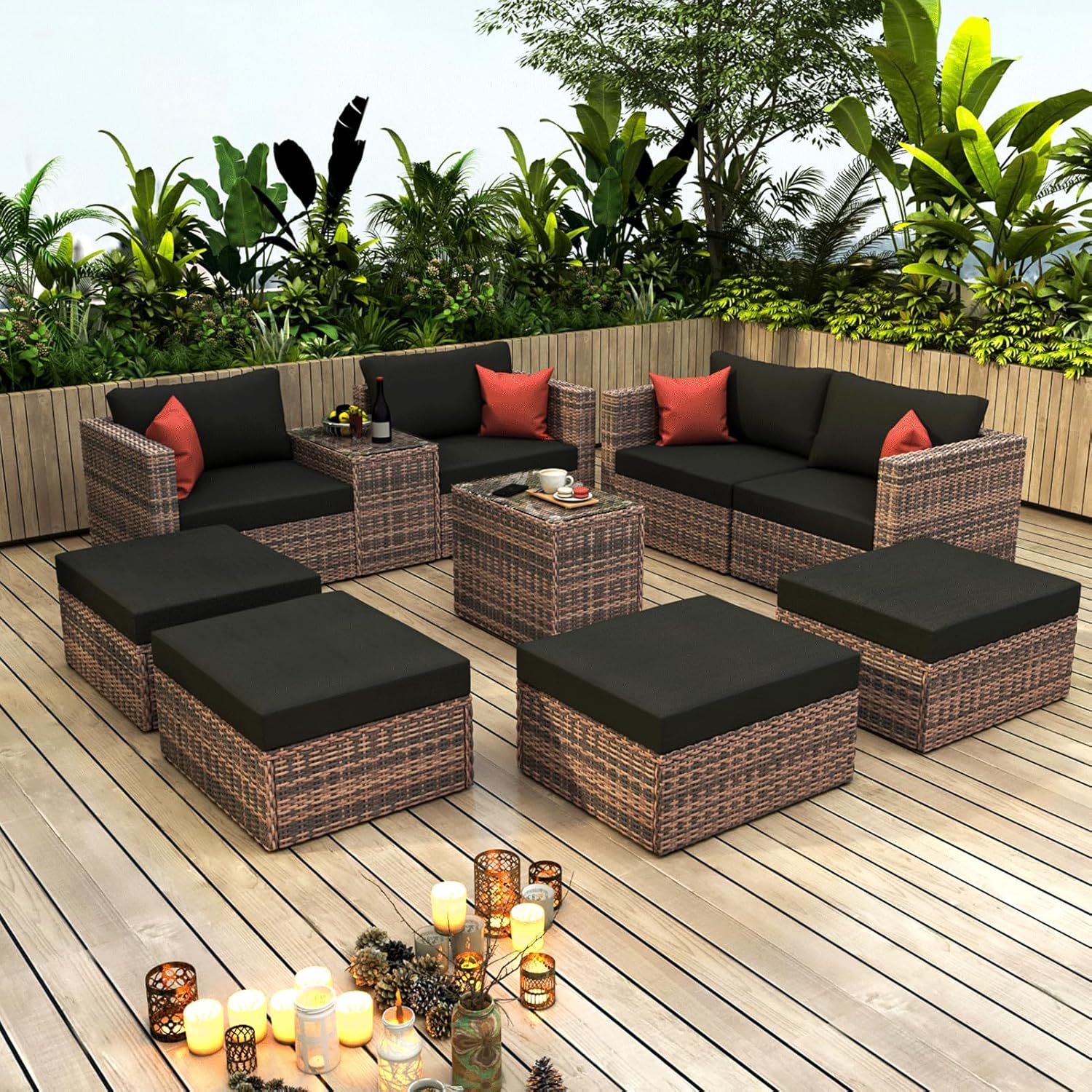MOLVUS Outdoor Garden Chair, Outdoor Patio Furniture Set, Brown Wicker Sectional Conversation Sofa Set Imitation Bamboo Rattan With Cushions Pillows Cover - Image 2