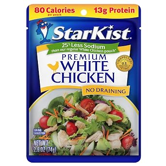 StarKist 25% Less Sodium Premium White Chicken, 2.6oz Pouch, 1-Pack | 13g Protein Per Serving, Fully Cooked White Meat, Gluten Free, No Draining, Ready to Eat for Salad and Sandwiches