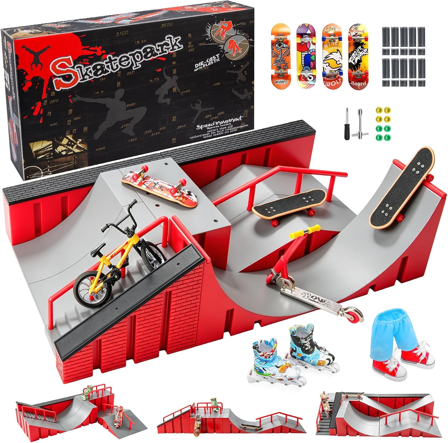 Fingerboard Skate Park Ramp Kit, Finger Skateboards Toys with Skates Sports Shorts Tool Kit, Mini Fingerskateboards Training Props Interactive Freestyle Skate Game for Kids Adults