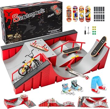 Fingerboard Skate Park Ramp Kit, Finger Skateboards Toys with Skates Sports Shorts Tool Kit, Mini Fingerskateboards Training Props Interactive Freestyle Skate Game for Kids Adults