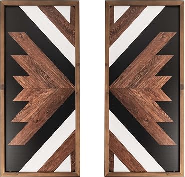 Set of 2 Aztec Wall Decor Wooden Framed, 20.9"x9.8" Western Wall Art, Black White Southwestern Native American Modern Boho Bathroom Bedroom Living Room Rustic Farmhouse Decoration for Home
