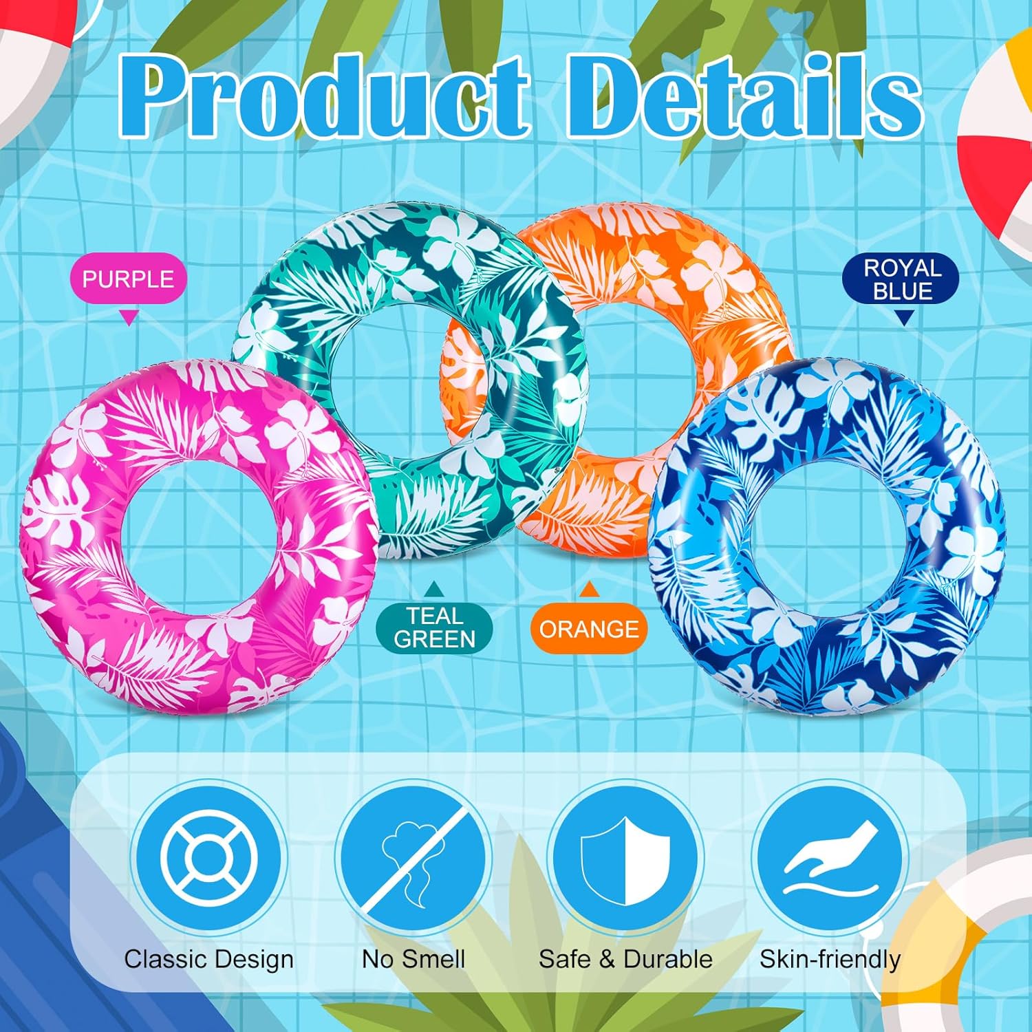 ShinyRelief 4 Pcs Pool Tubes for Adults 42inch Large Inflatable Floats Tube Tropical Leaves Inflatable Pool Floats Rings Colorful Swimming Ring Summer Hawaii Swimming (Blue,Green,Orange,Purple)