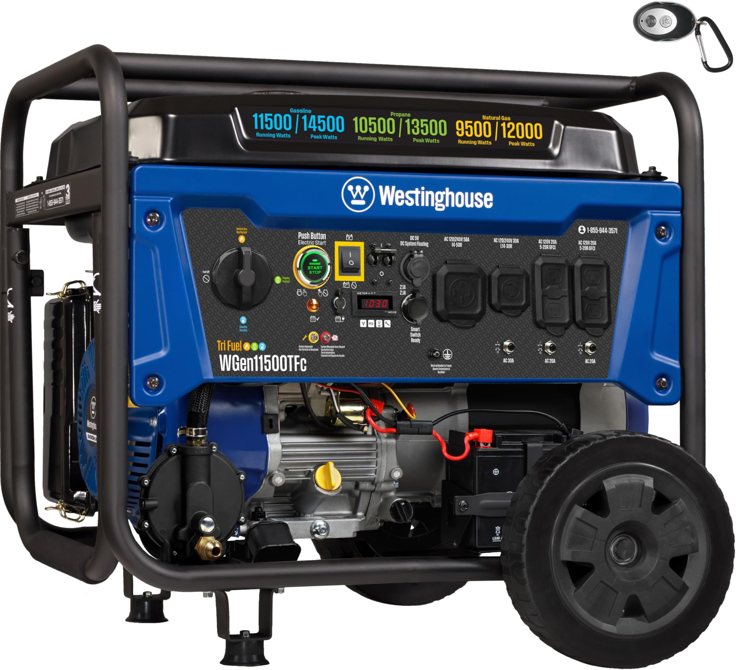 14500 Peak Watt Tri-Fuel Home Backup Portable Generator, Remote Electric Start, Transfer Switch Ready, Gas, Propane, and Natural Gas Powered