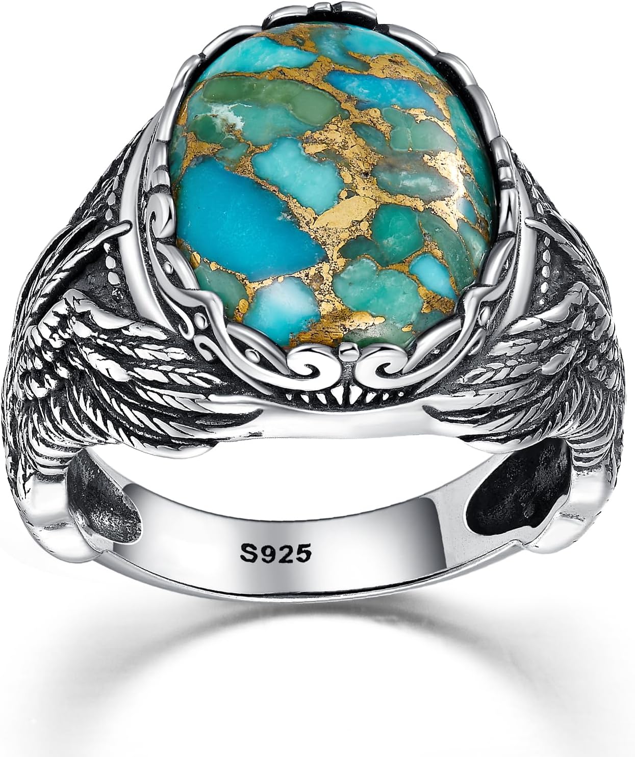 Yaresul Oval Men's Turquoise Eagle Wings Ring, Sterling Silver Vintage Mens Thumb Pinky Ring, Oxidized Bezel Setting Teal Size 8-12