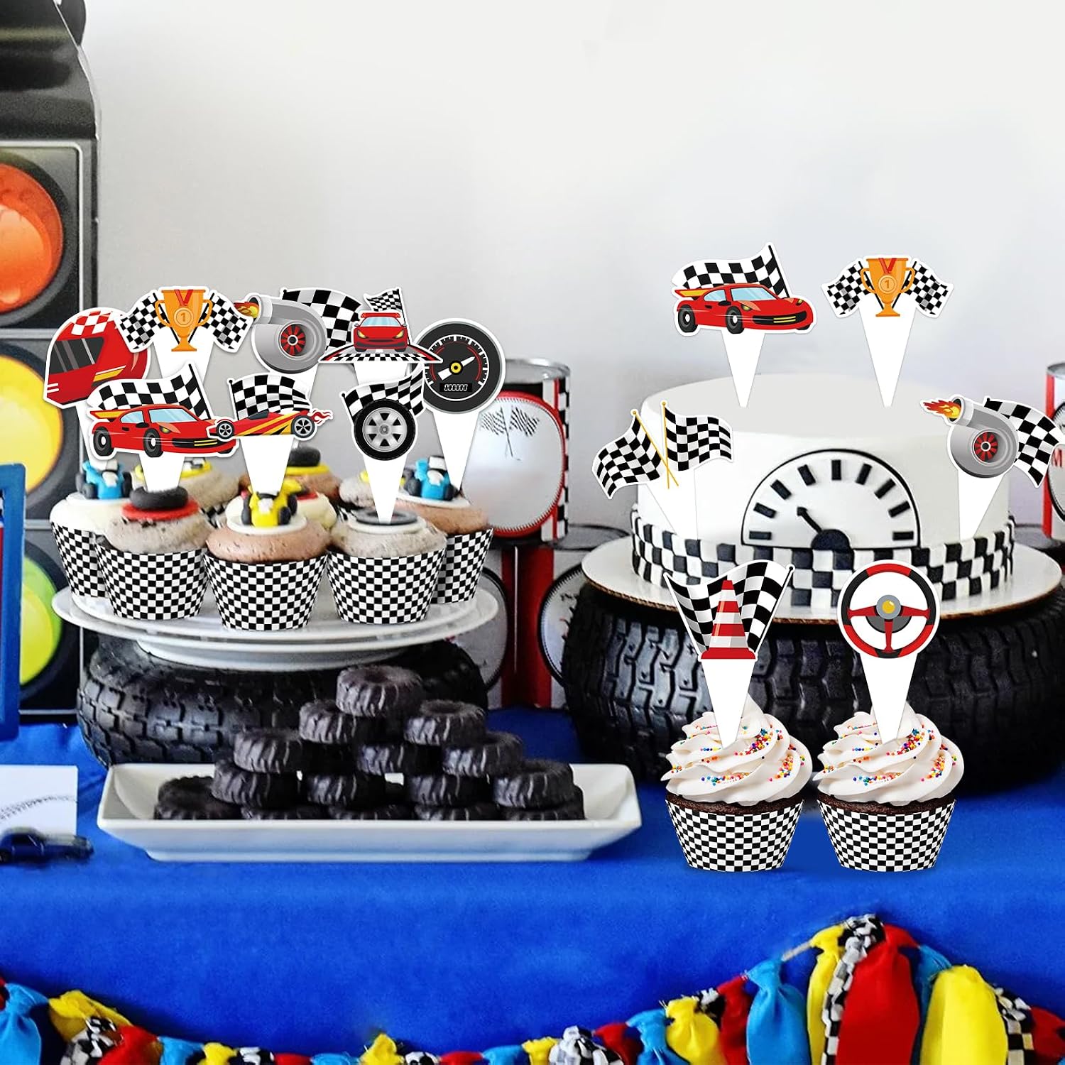 Hooqict 48 Pack Car Cupcake Toppers and Wrappers Racing Birthday Cake Decorations Checkered Flag Cupcake Toppers for Kids Boys Men Car Themed Birthday Party Decorations Favors