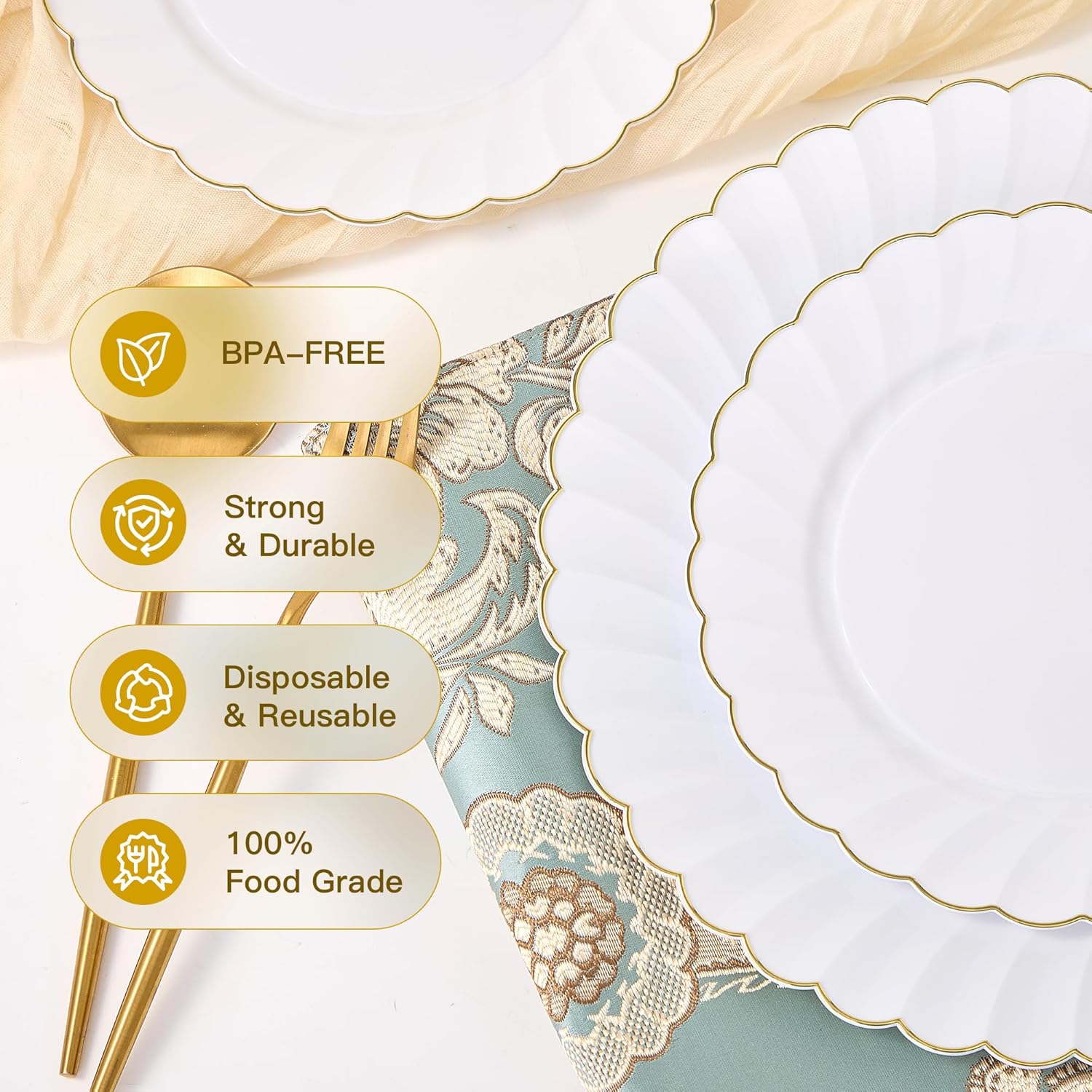 80PCS Elegant Heavy Duty Disposable Plastic Plates – Premium White Scalloped Plates with Gold Rim, 40 Dinner (10.25") & 40 Dessert (7.5") – Disposable Plastic Plates for Party & Special Occasions