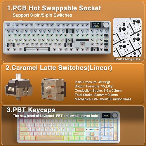 Miniatura 5 de AULA F108 PRO - Teclado mecánico inalámbrico con pantalla y perilla, teclado para juegos intercambiable en caliente con batería de 8000 mAh,