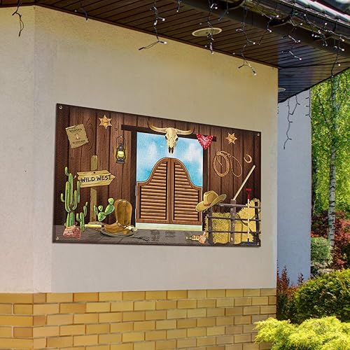 Miniatura 6 de Decoraciones de fiesta occidental, 70.8 x 43.3 pulgadas, fondo grande de vaquero con temática occidental, decoración rústica del salvaje oeste,