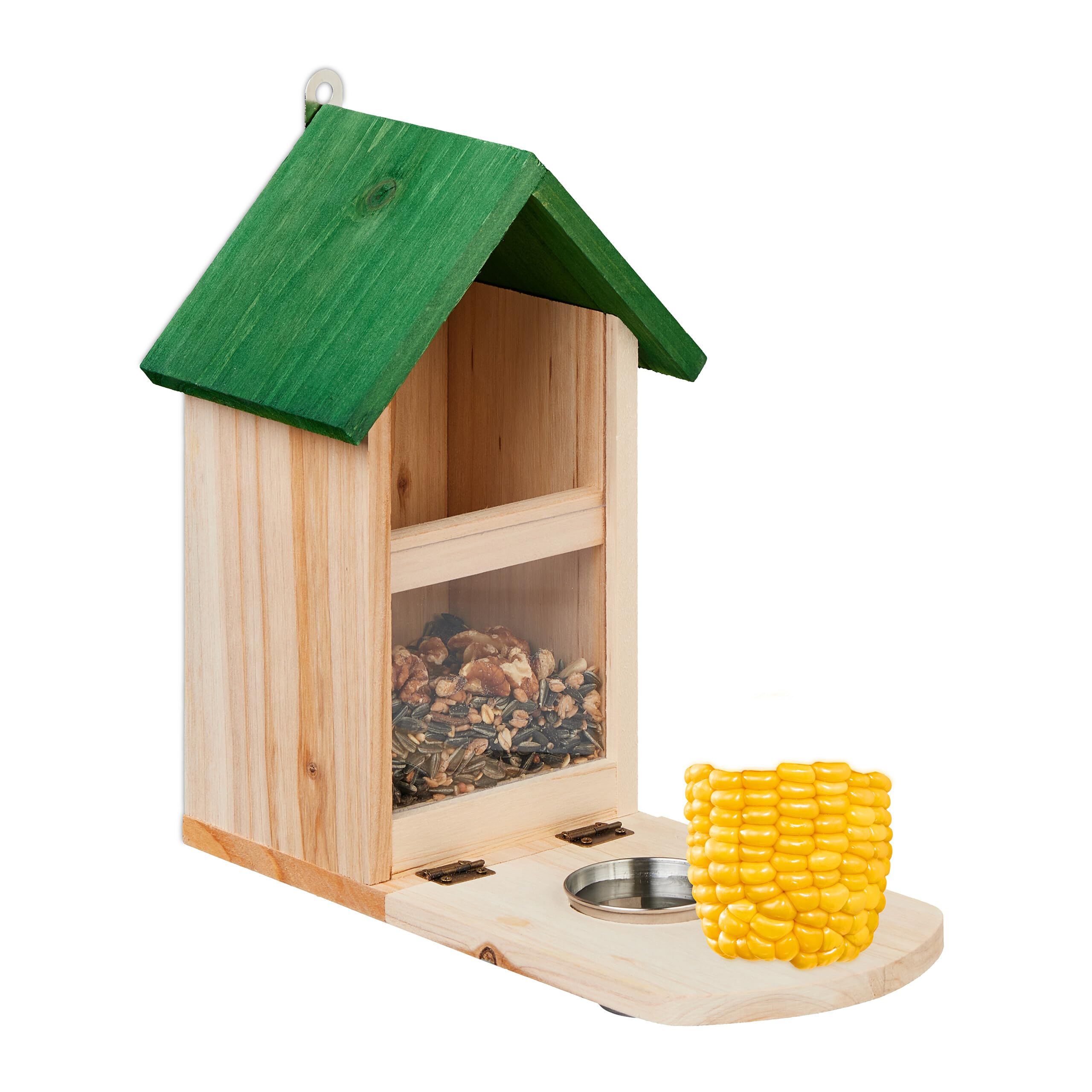 Relaxdays Mangiatoia per Scoiattoli, Casetta in Legno da Appendere, con Ciotola Acqua, HLP 28x17x28,5 cm, Naturale Verde