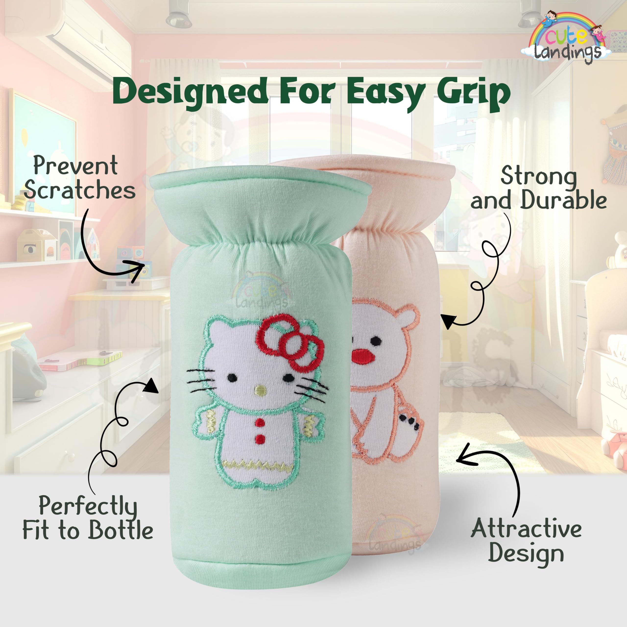 CUTE LANDINGS Soft Cotton Baby Feeding Bottle Cover| Tote Bags, Pouch| Hanging Loop On Neck, Washable & Reusable| Easy To Grip| Stretchable Neck (Suitable For 125, 150 To 250 ML), Multicolor