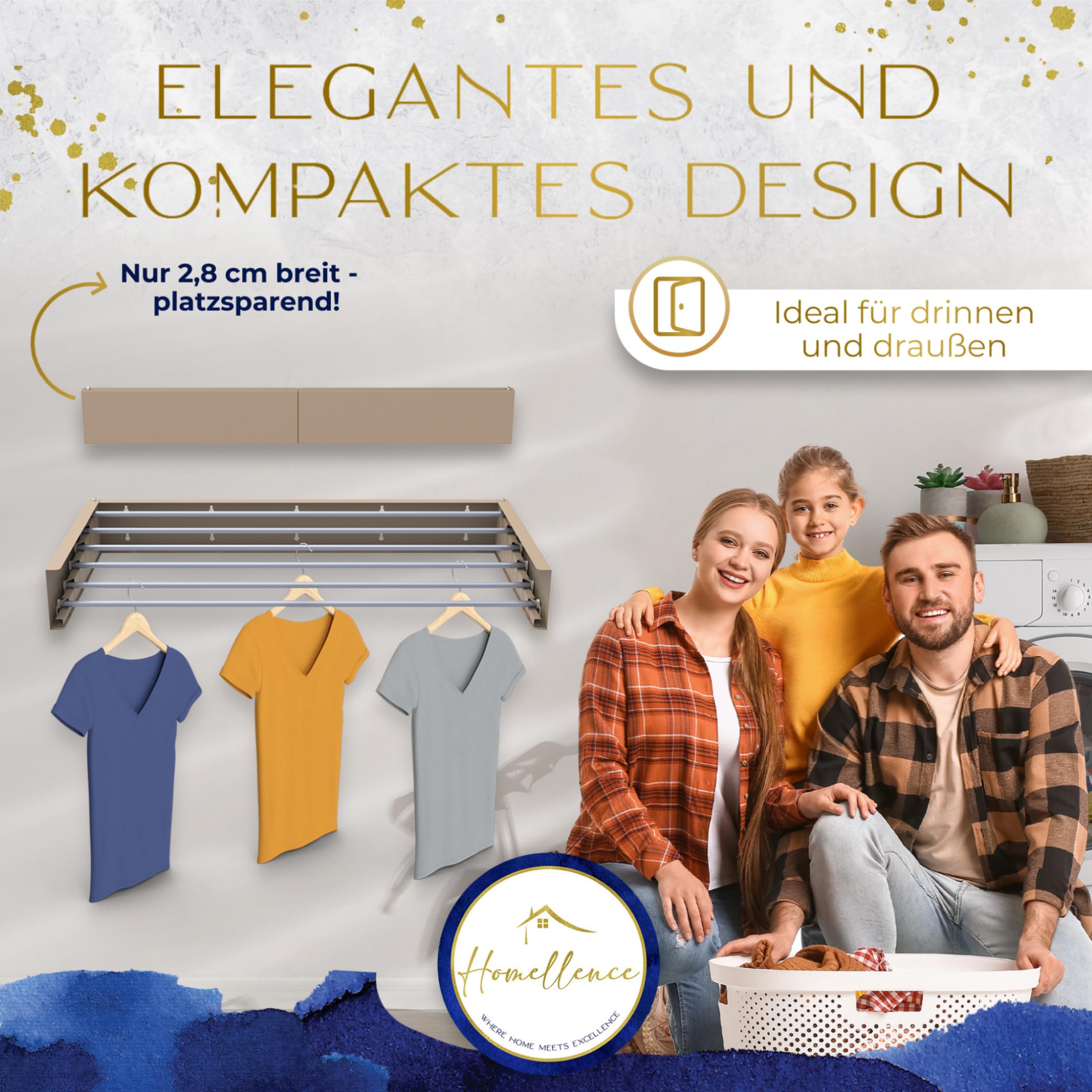 Homellence - Eleganter Wäscheständer Wand ausziehbar - Wandwäschetrockner ausziehbar platzsparend - Robuster Wäschetrockner Wand - Wäscheständer Wandmontage mit 6m Trockenlänge (100 cm, Cappuccino)